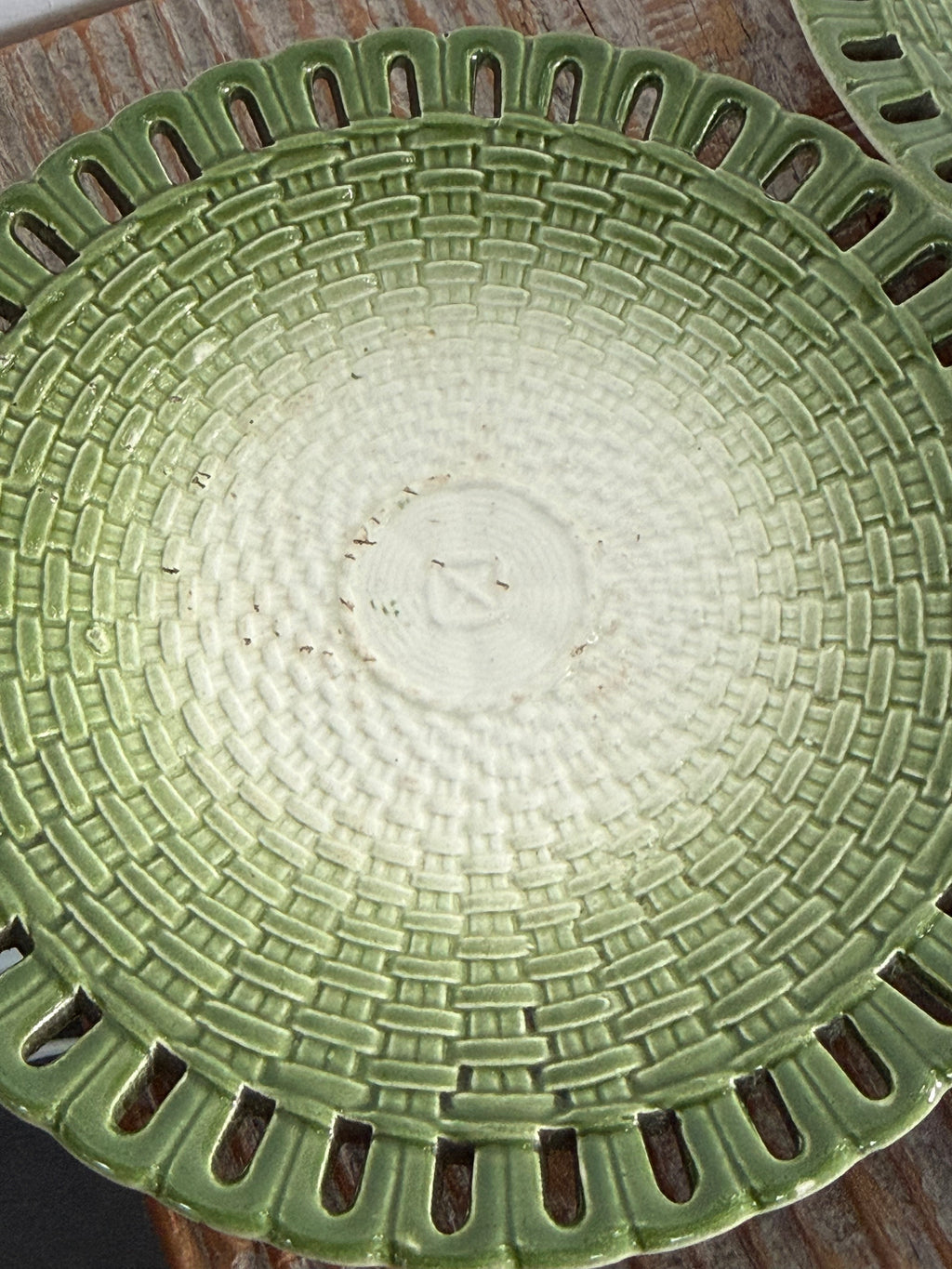 Vintage Moss Green Ceramic Basketweave Plates, set of 5