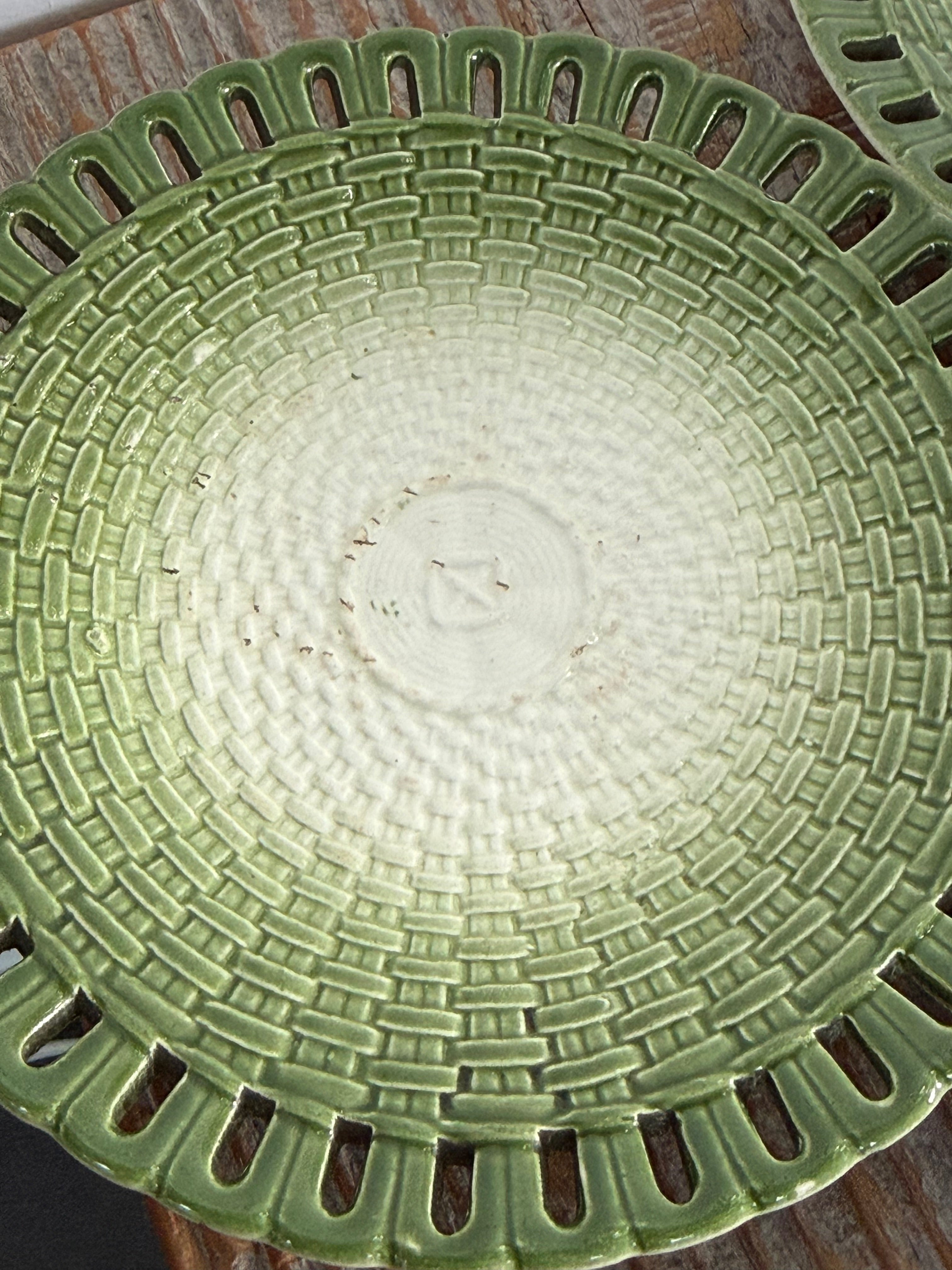 Vintage Moss Green Ceramic Basketweave Plates, set of 5