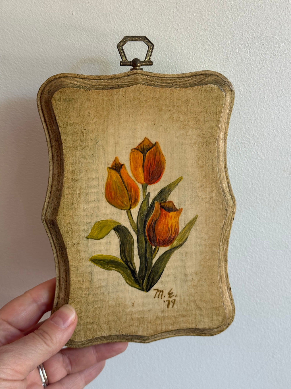 Vintage 1979 Hand-painted Tulip Wood Plaque