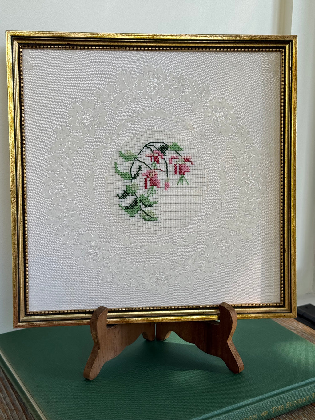 Vintage Framed Floral Cross-Stitch in Gold Beaded Frame