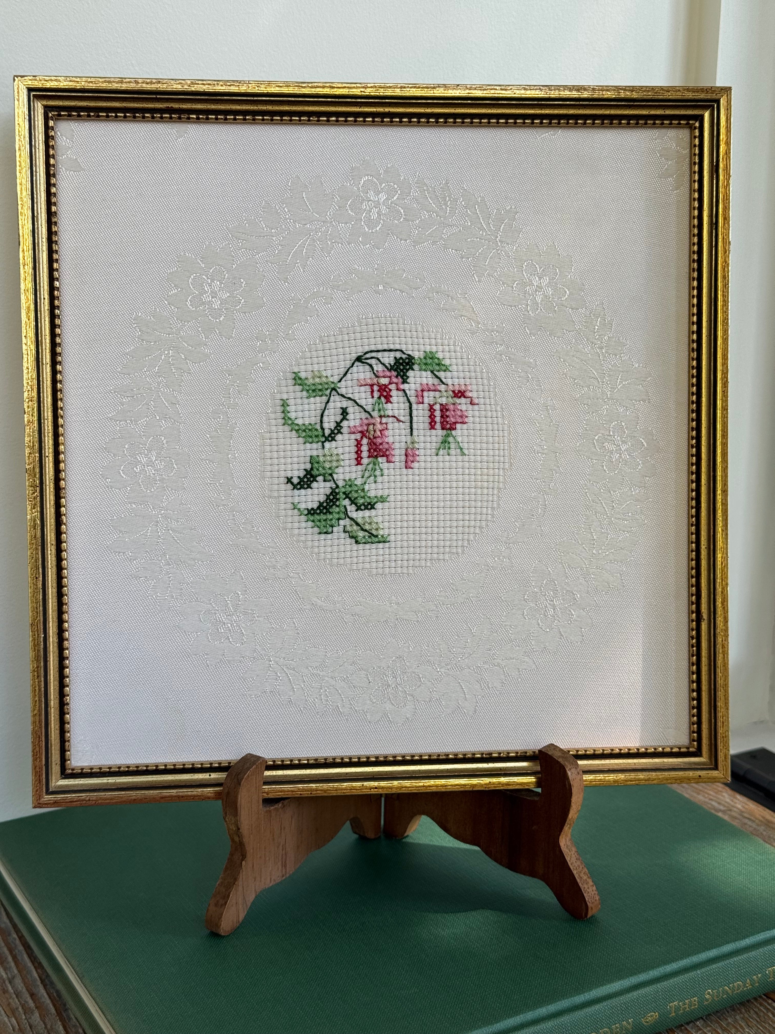 Vintage Framed Floral Cross-Stitch in Gold Beaded Frame
