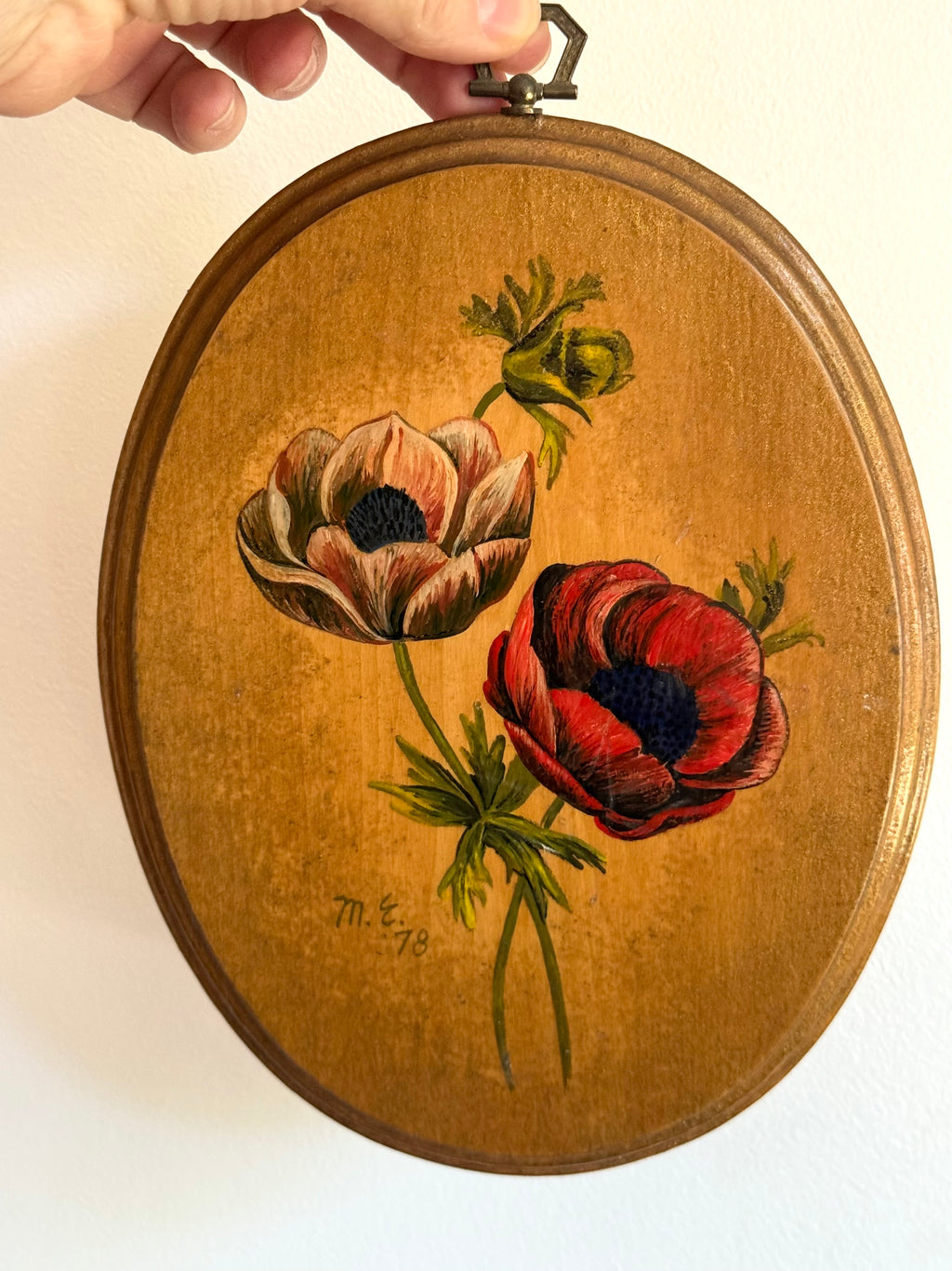 Vintage 1979 Hand-painted Anemone Wood plaque