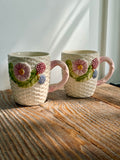 Vintage Majolica Basketweave Mugs, set of 2