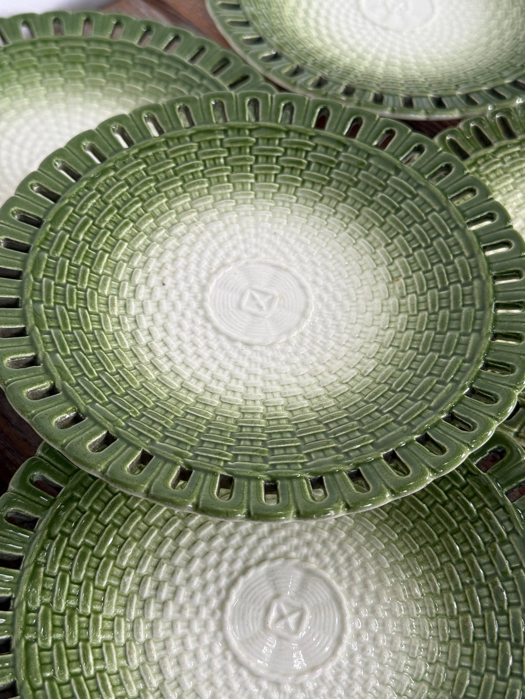 Vintage Moss Green Ceramic Basketweave Plates, set of 5