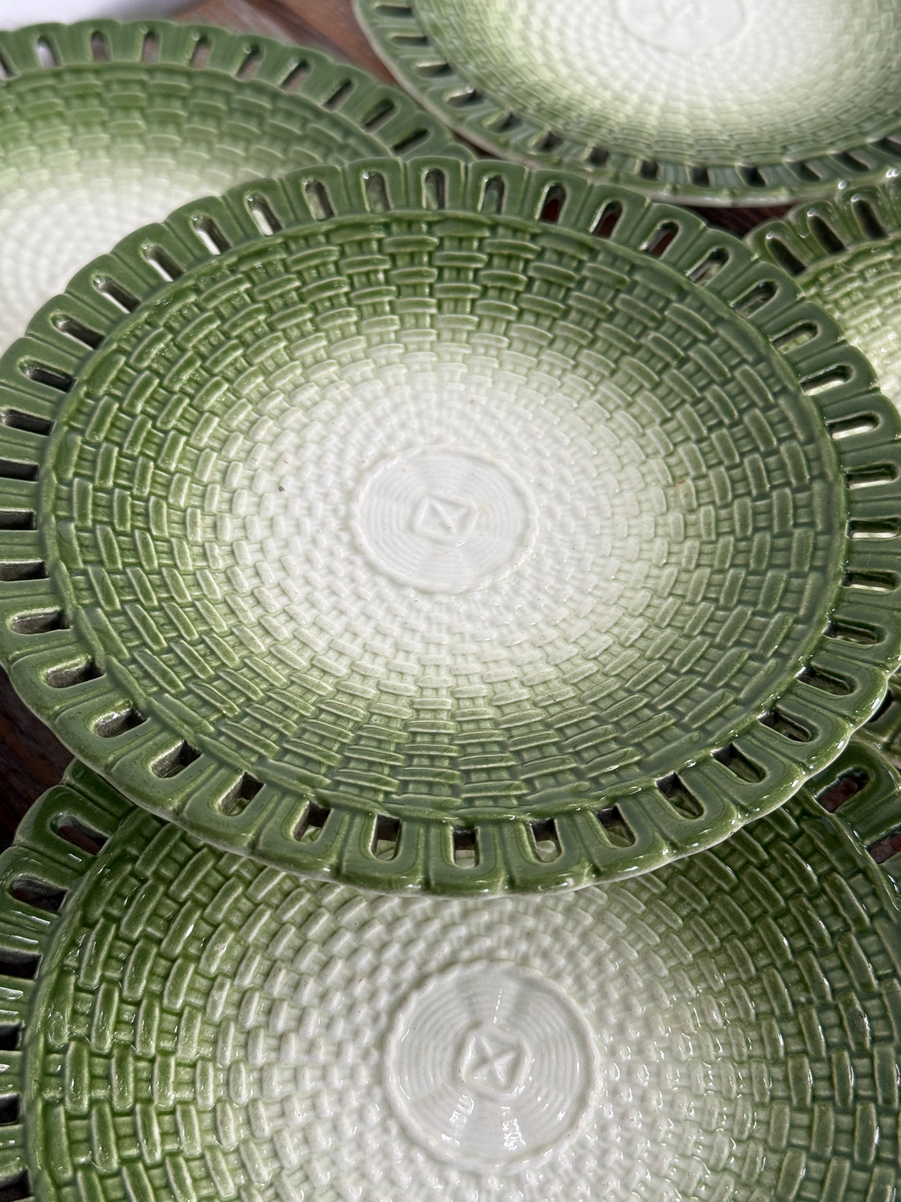 Vintage Moss Green Ceramic Basketweave Plates, set of 5