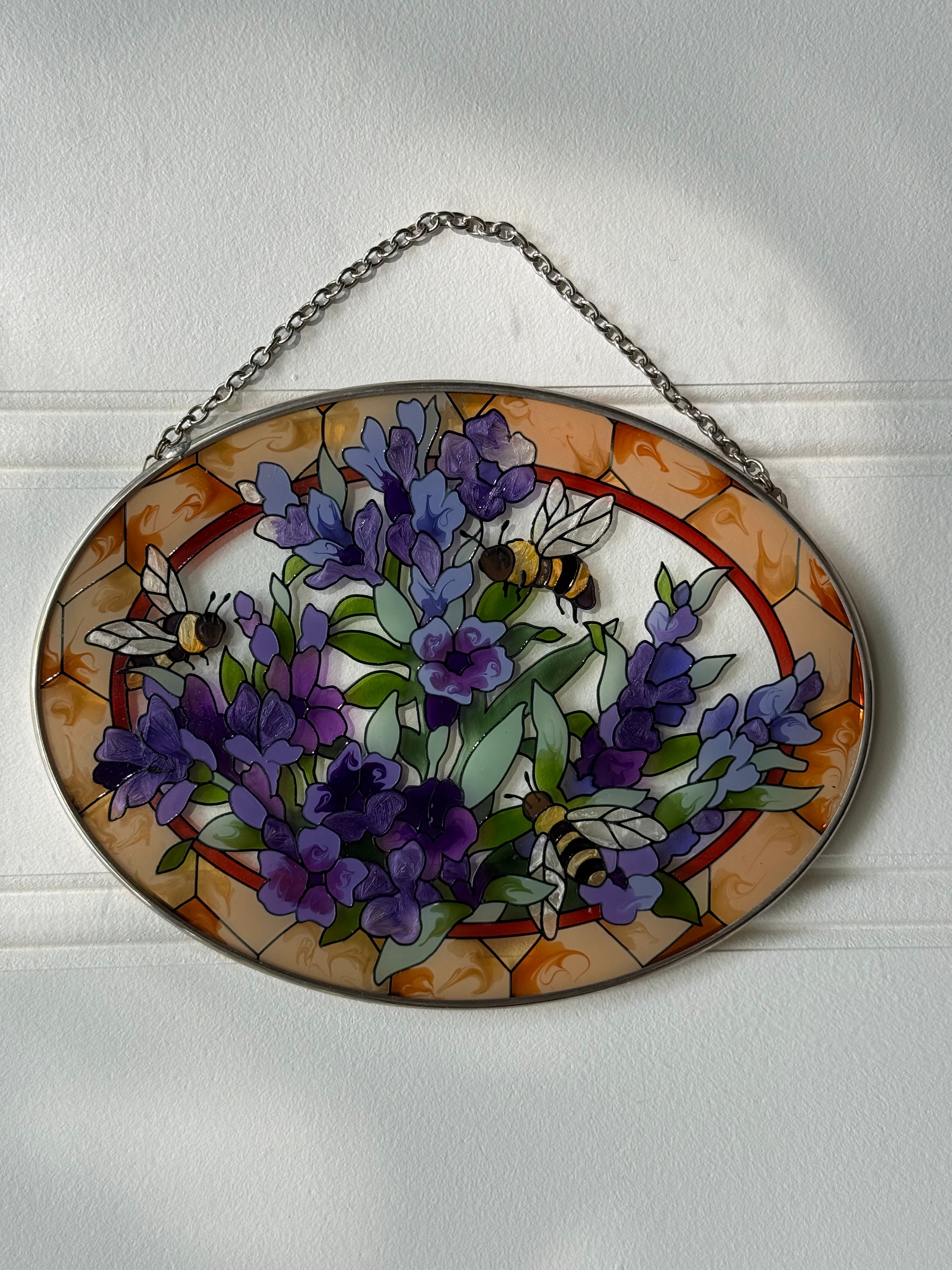 Vintage 1980s Bumblebee & Floral Oval Suncatcher