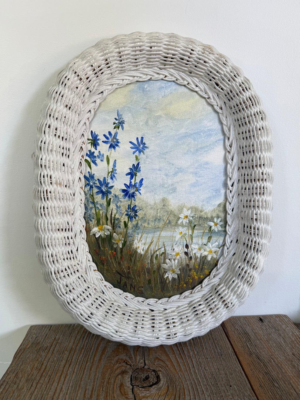 Vintage Woven Wicker Oval Paintings of Wildflower Landscapes, set of 2