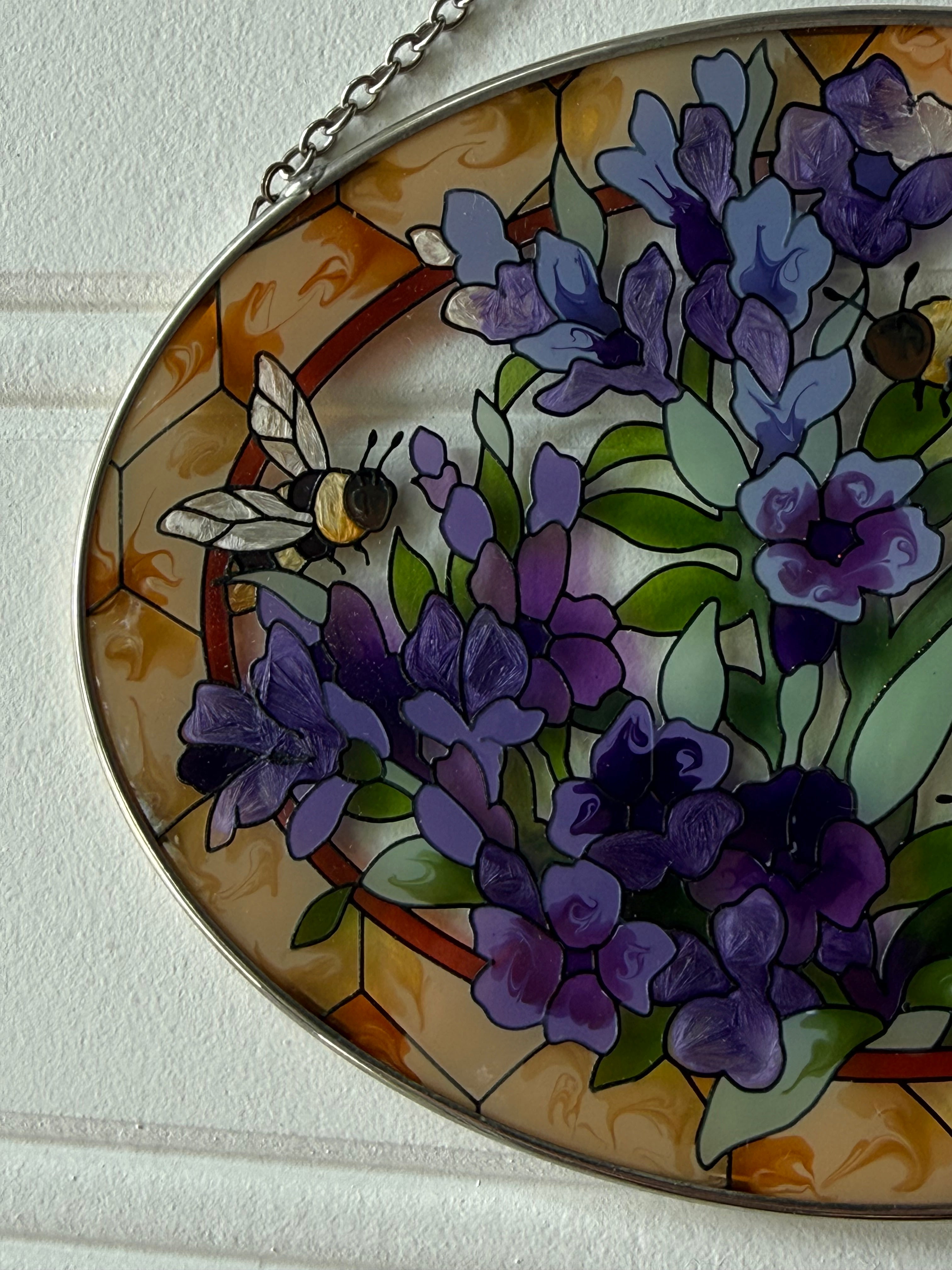 Vintage 1980s Bumblebee & Floral Oval Suncatcher