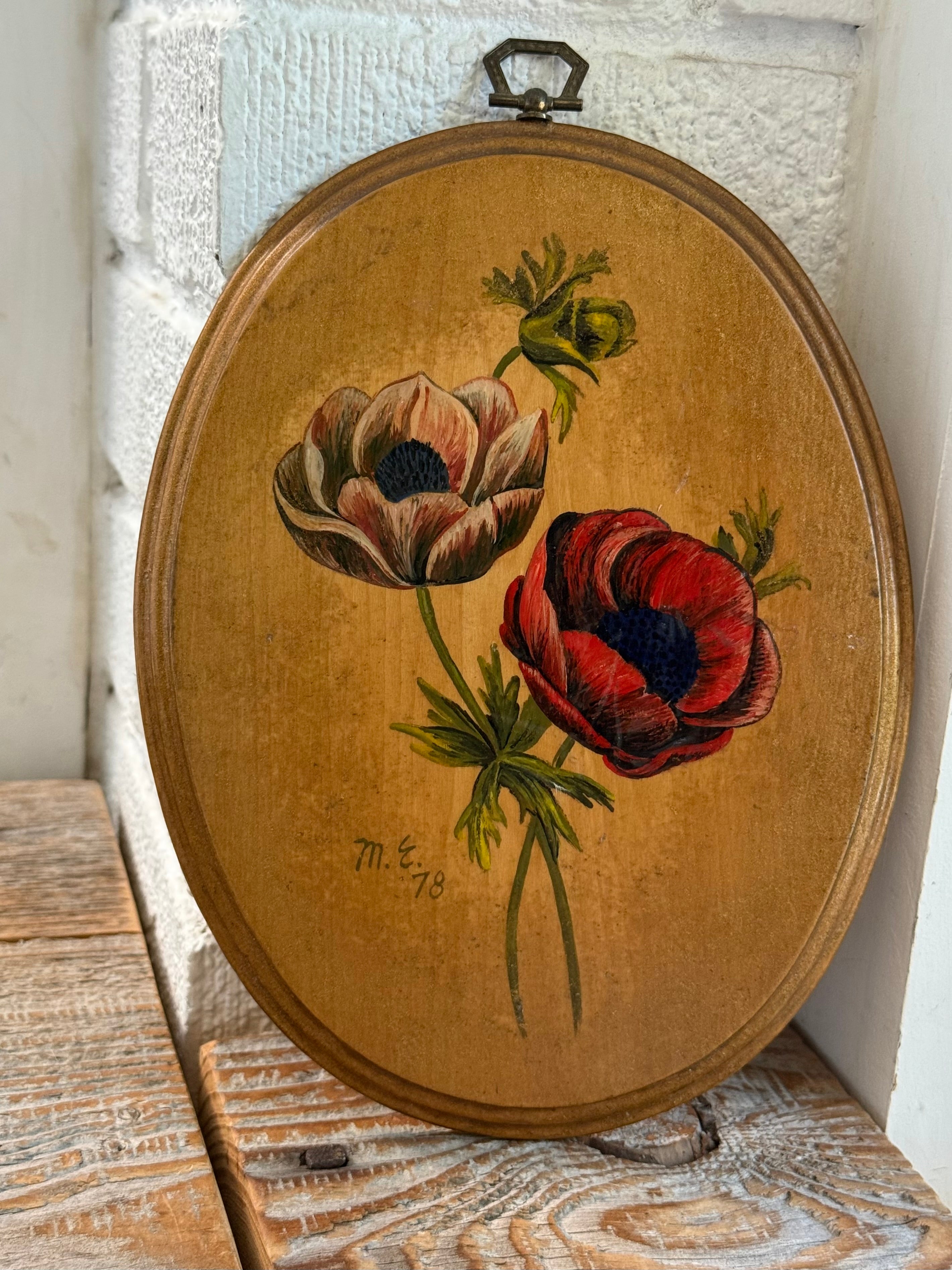 Vintage 1979 Hand-painted Anemone Wood plaque
