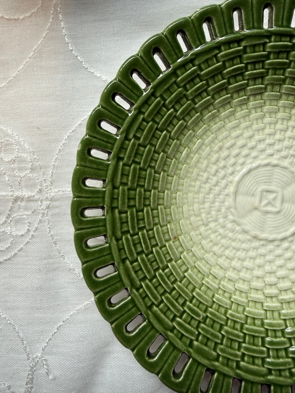 Vintage Moss Green Ceramic Basketweave Plates, set of 5