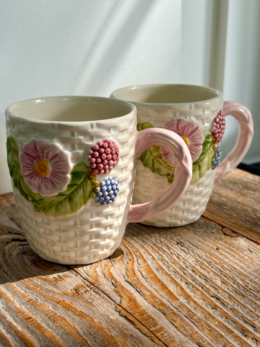 Vintage Majolica Basketweave Mugs, set of 2