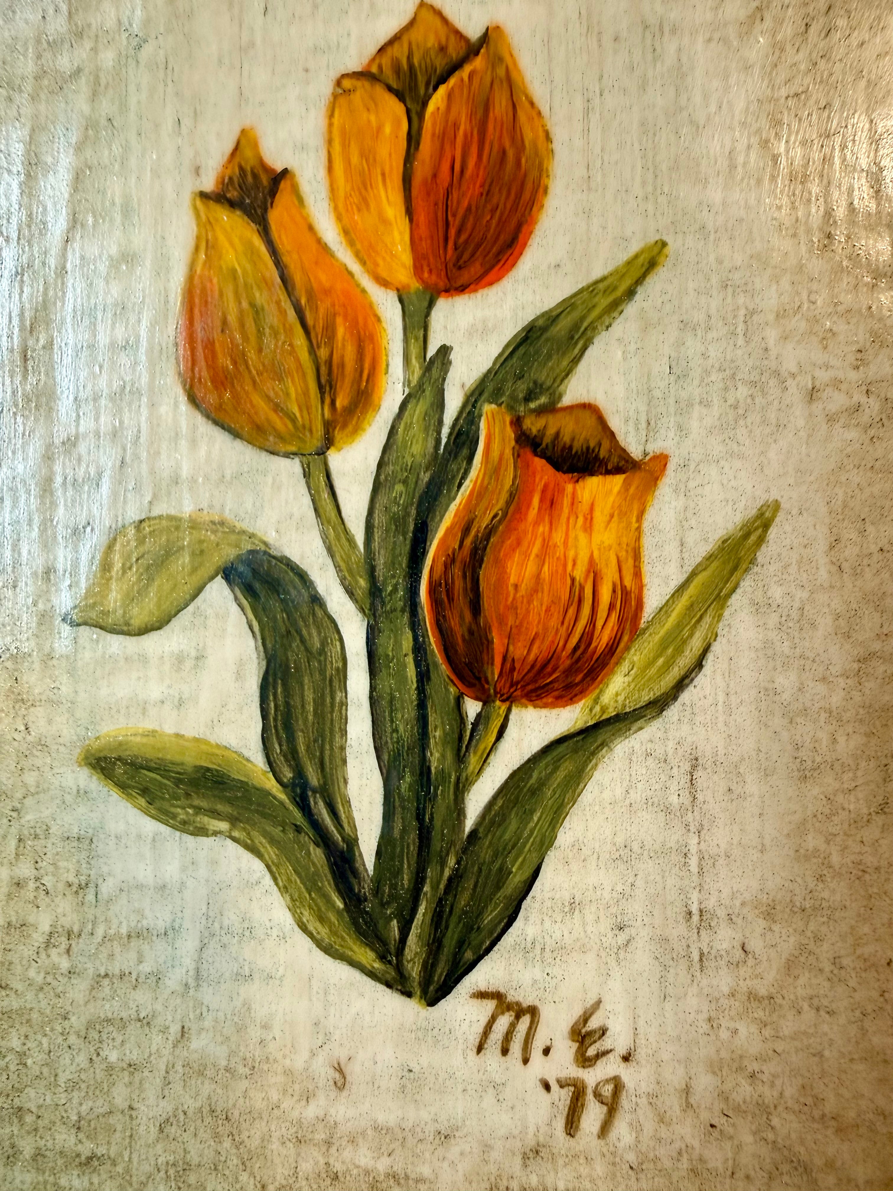 Vintage 1979 Hand-painted Tulip Wood Plaque