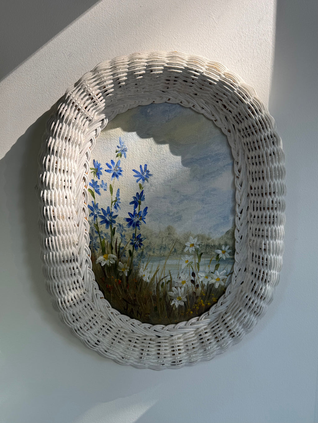 Vintage Woven Wicker Oval Paintings of Wildflower Landscapes, set of 2