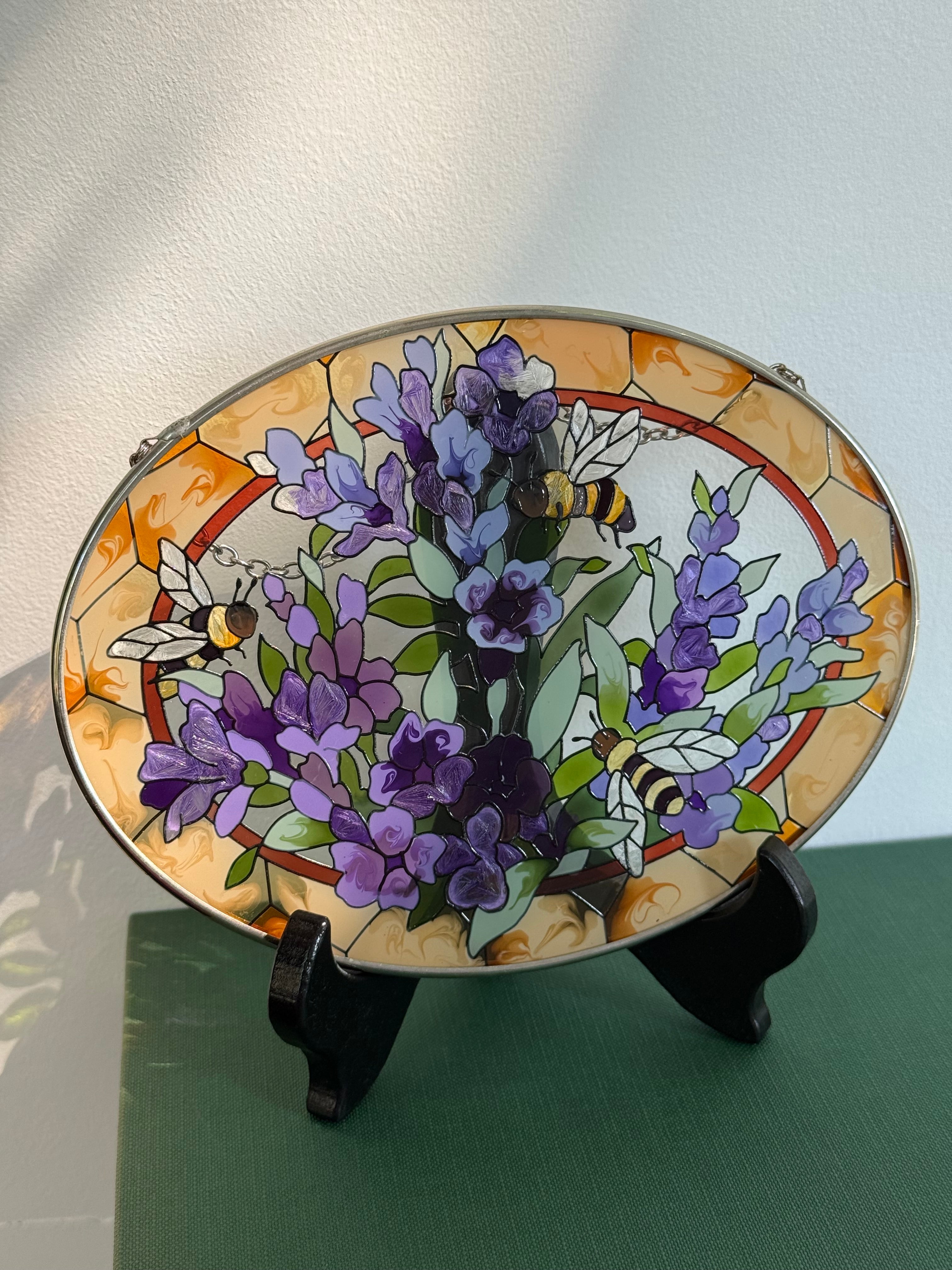 Vintage 1980s Bumblebee & Floral Oval Suncatcher
