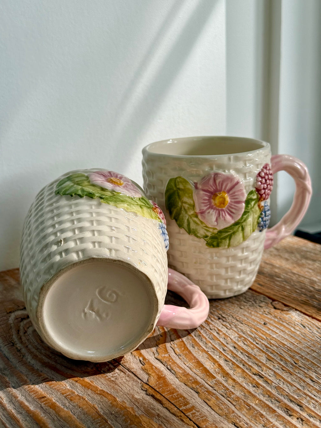 Vintage Majolica Basketweave Mugs, set of 2