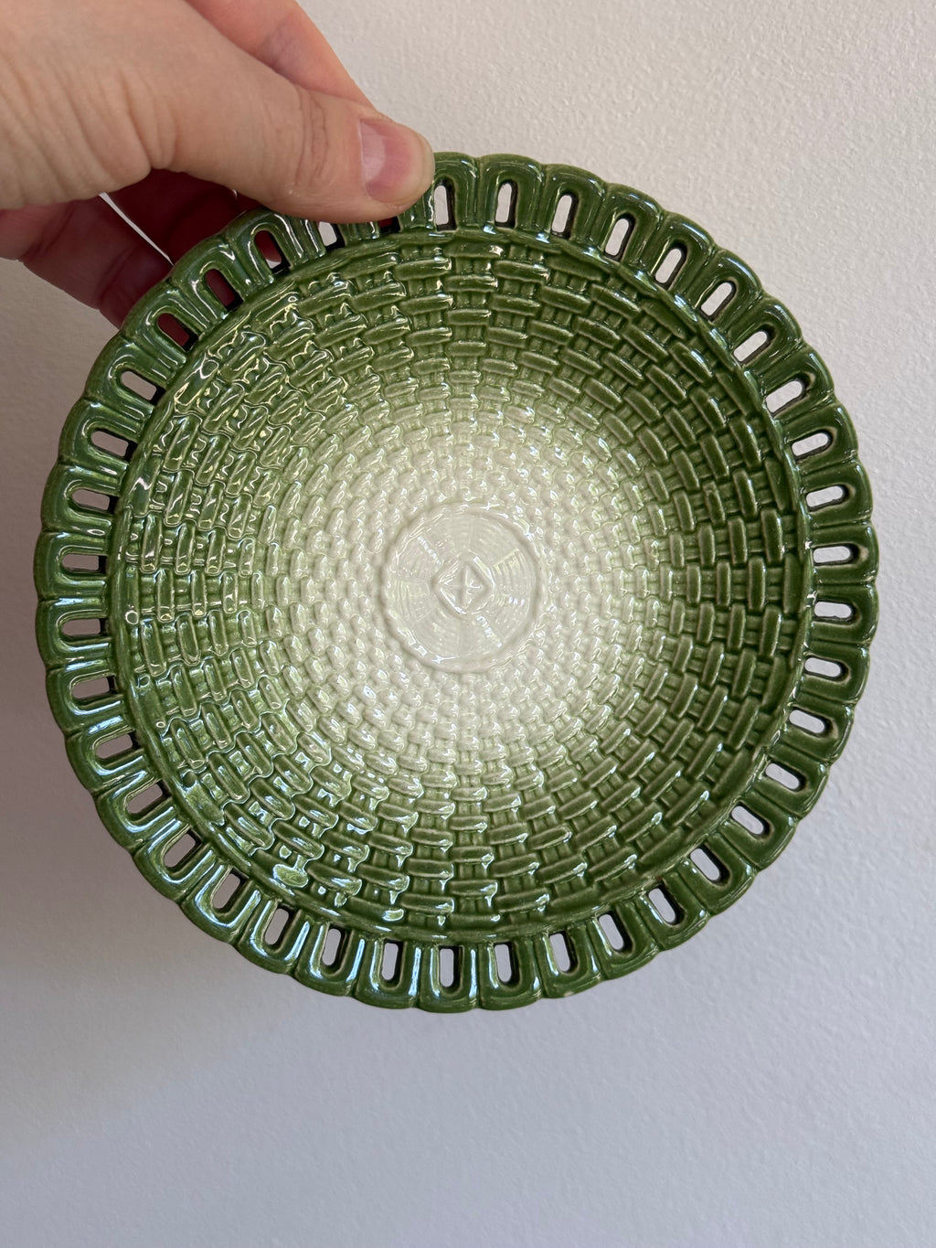 Vintage Moss Green Ceramic Basketweave Plates, set of 5