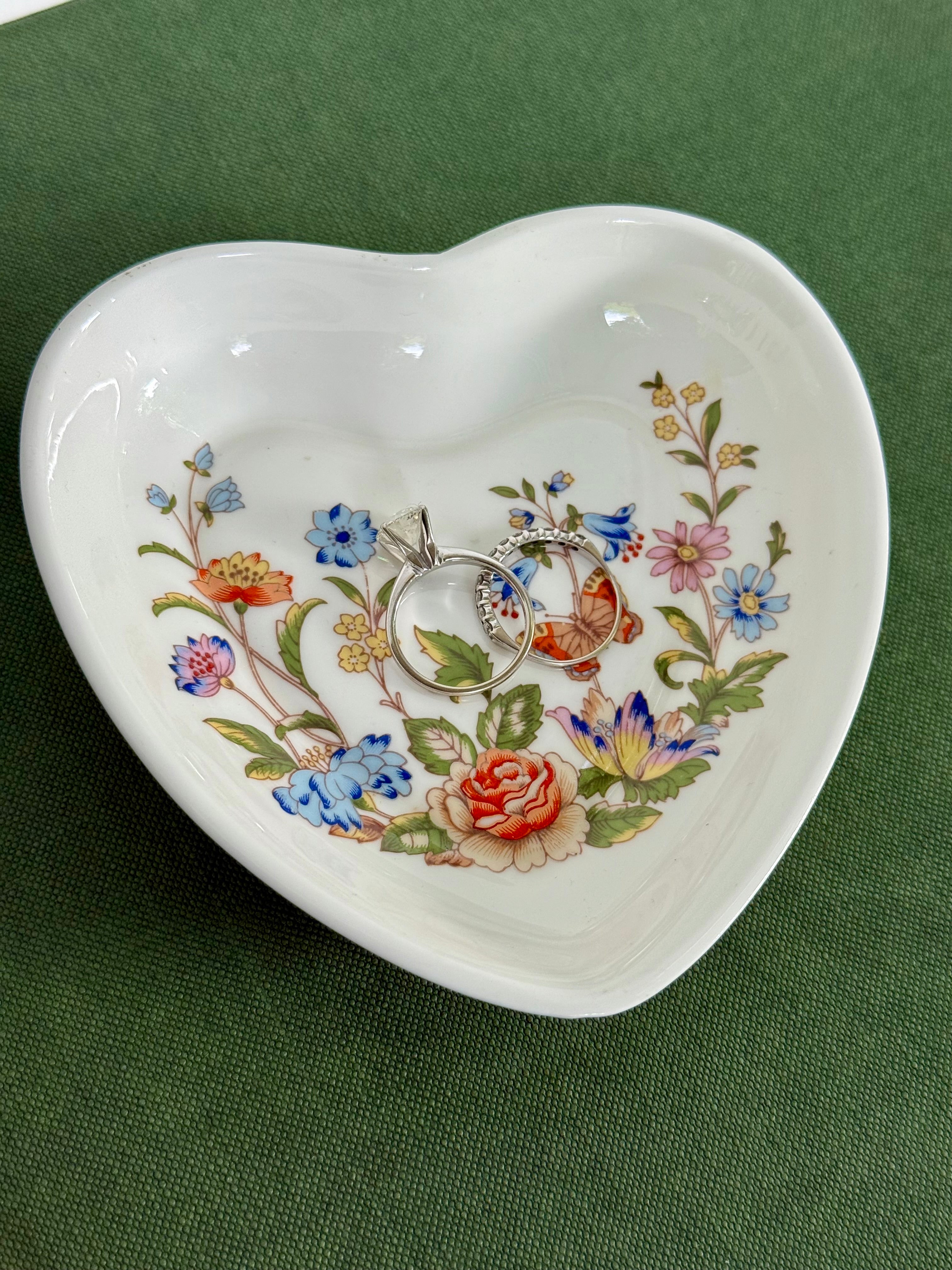 Vintage Aynsley English 'Cottage Garden' Fine Bone China Heart-Shaped Trinket Dish