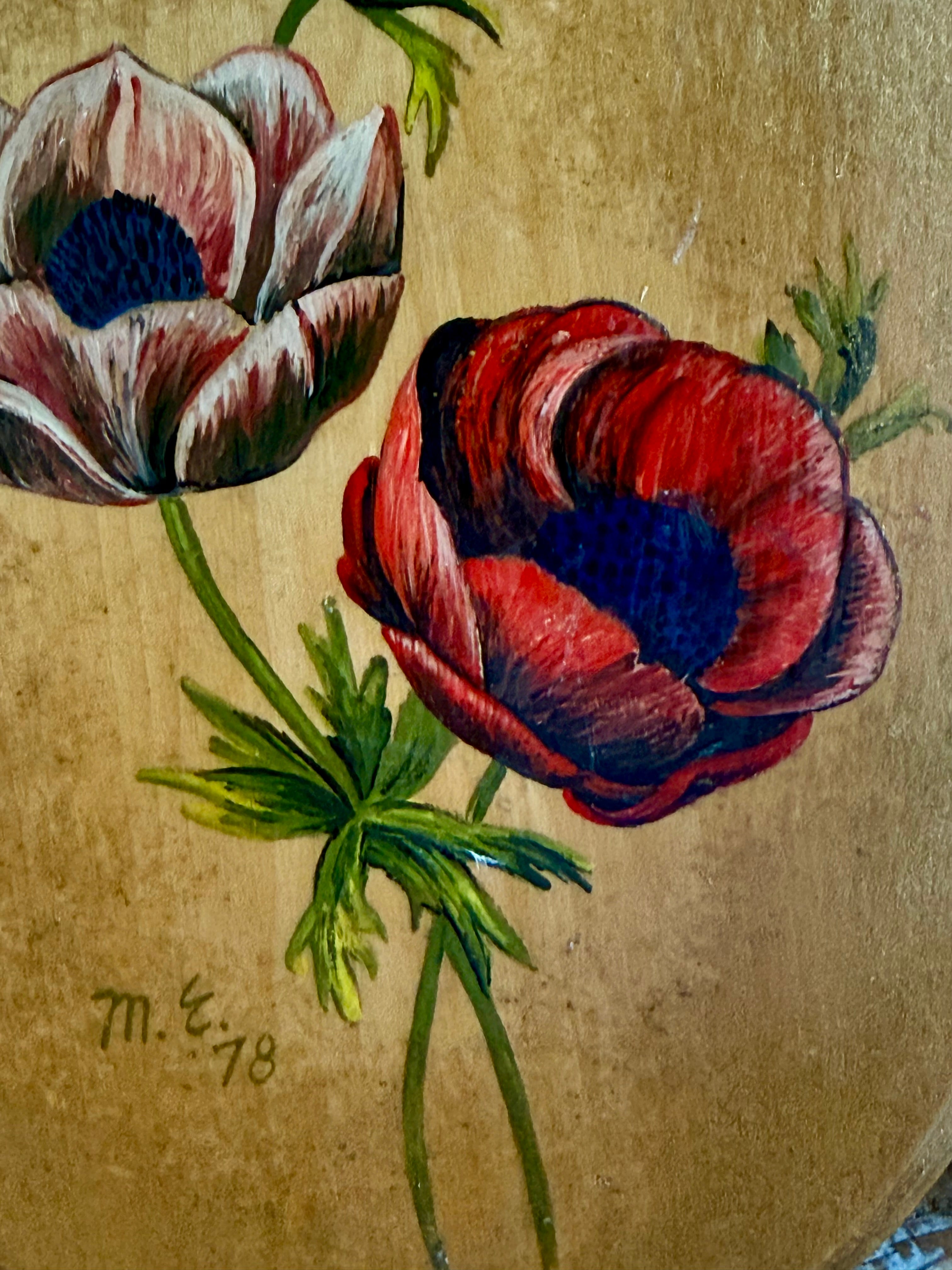 Vintage 1979 Hand-painted Anemone Wood plaque