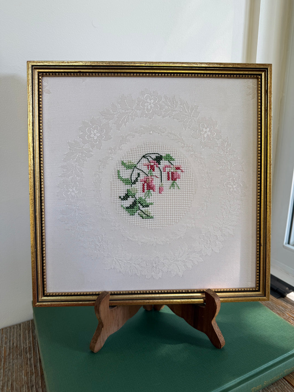 Vintage Framed Floral Cross-Stitch in Gold Beaded Frame