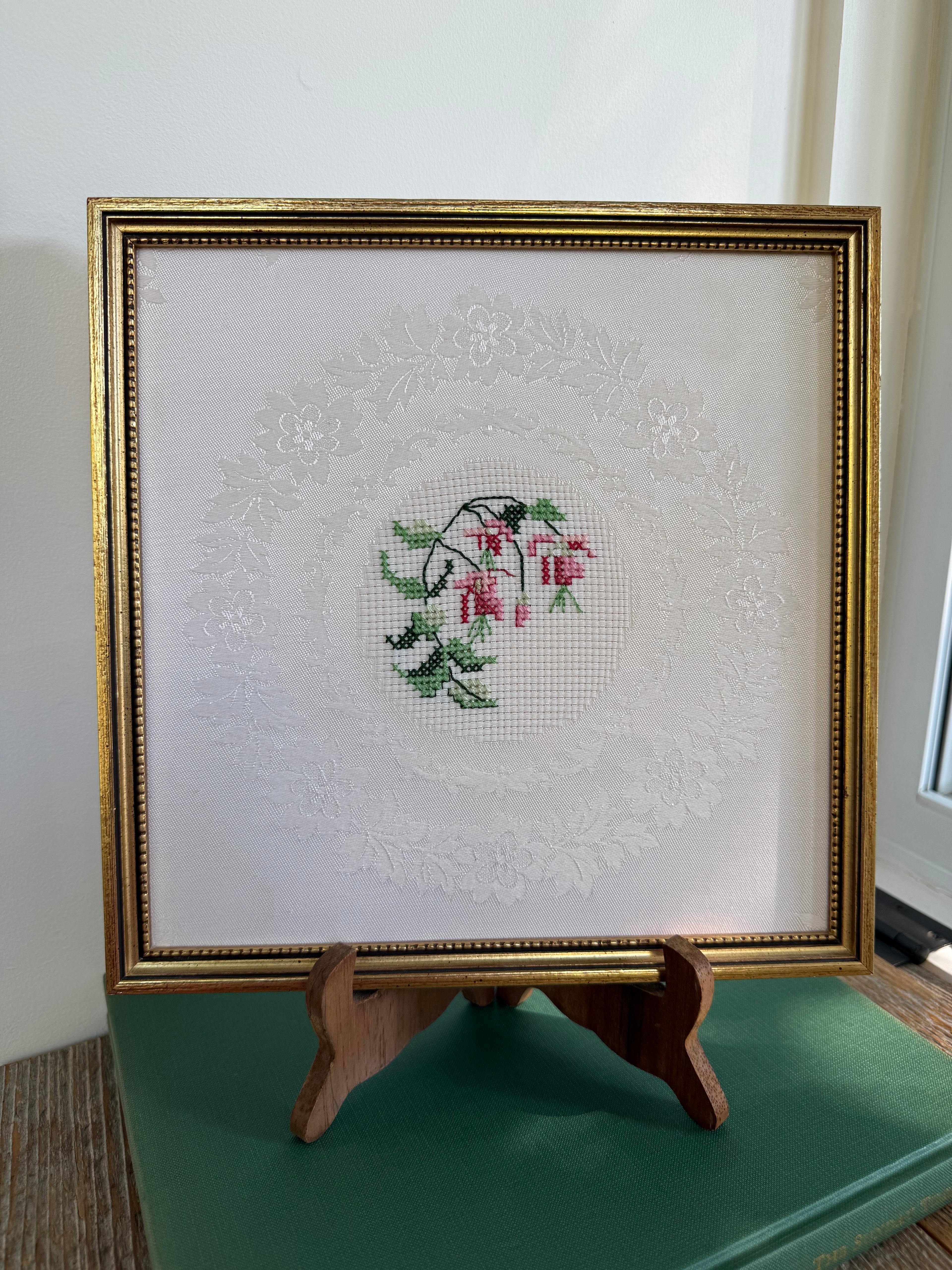 Vintage Framed Floral Cross-Stitch in Gold Beaded Frame