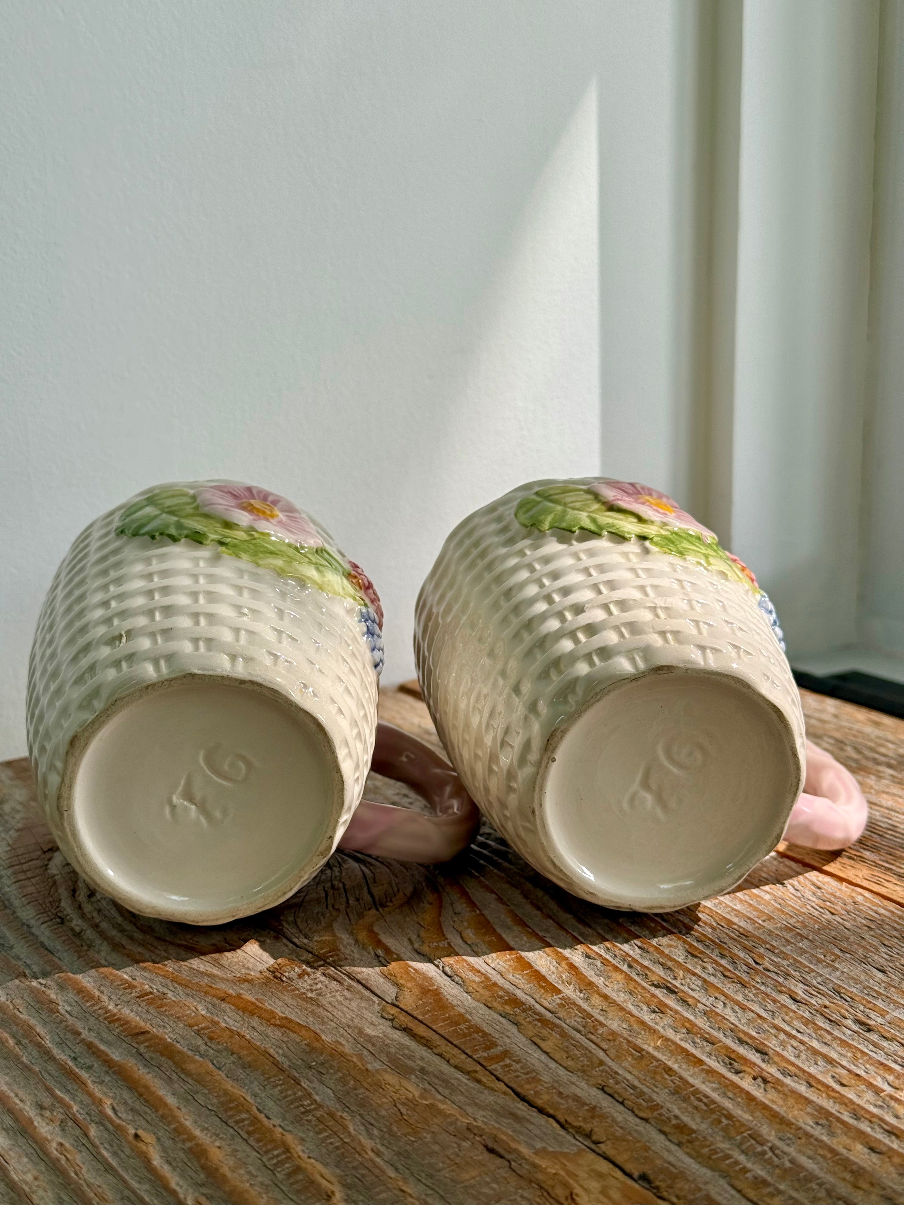 Vintage Majolica Basketweave Mugs, set of 2