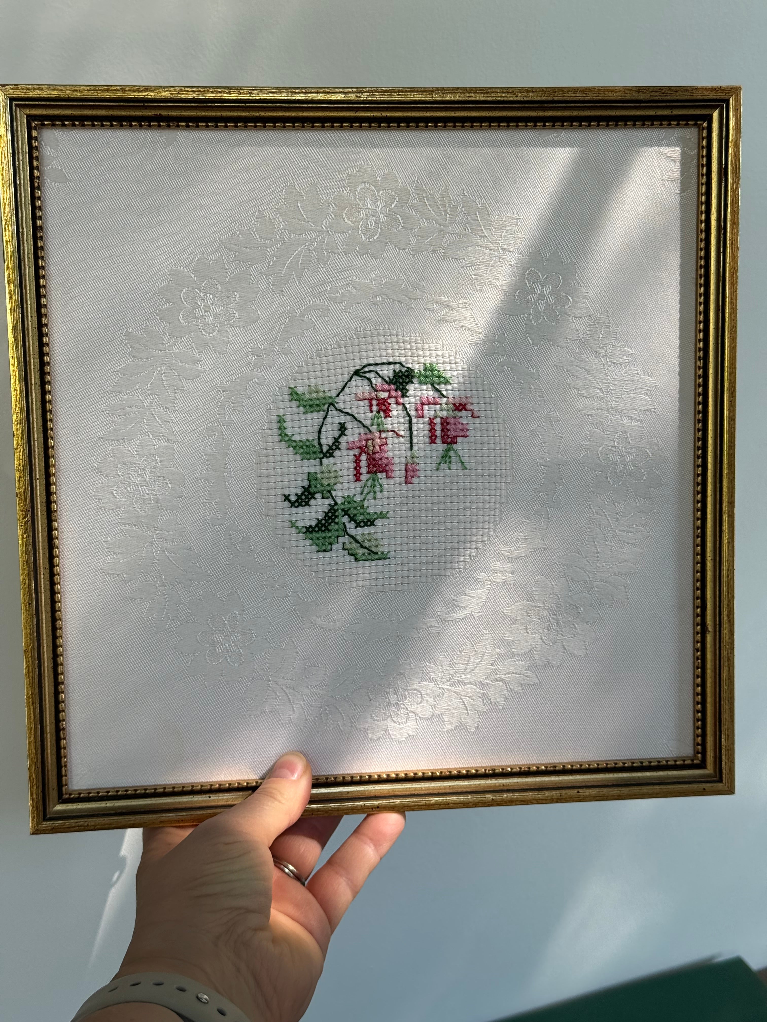 Vintage Framed Floral Cross-Stitch in Gold Beaded Frame