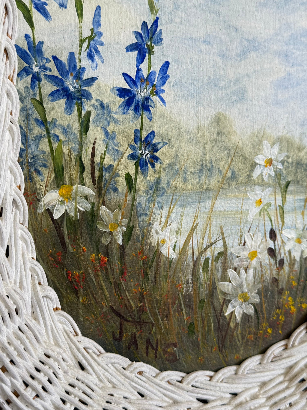 Vintage Woven Wicker Oval Paintings of Wildflower Landscapes, set of 2