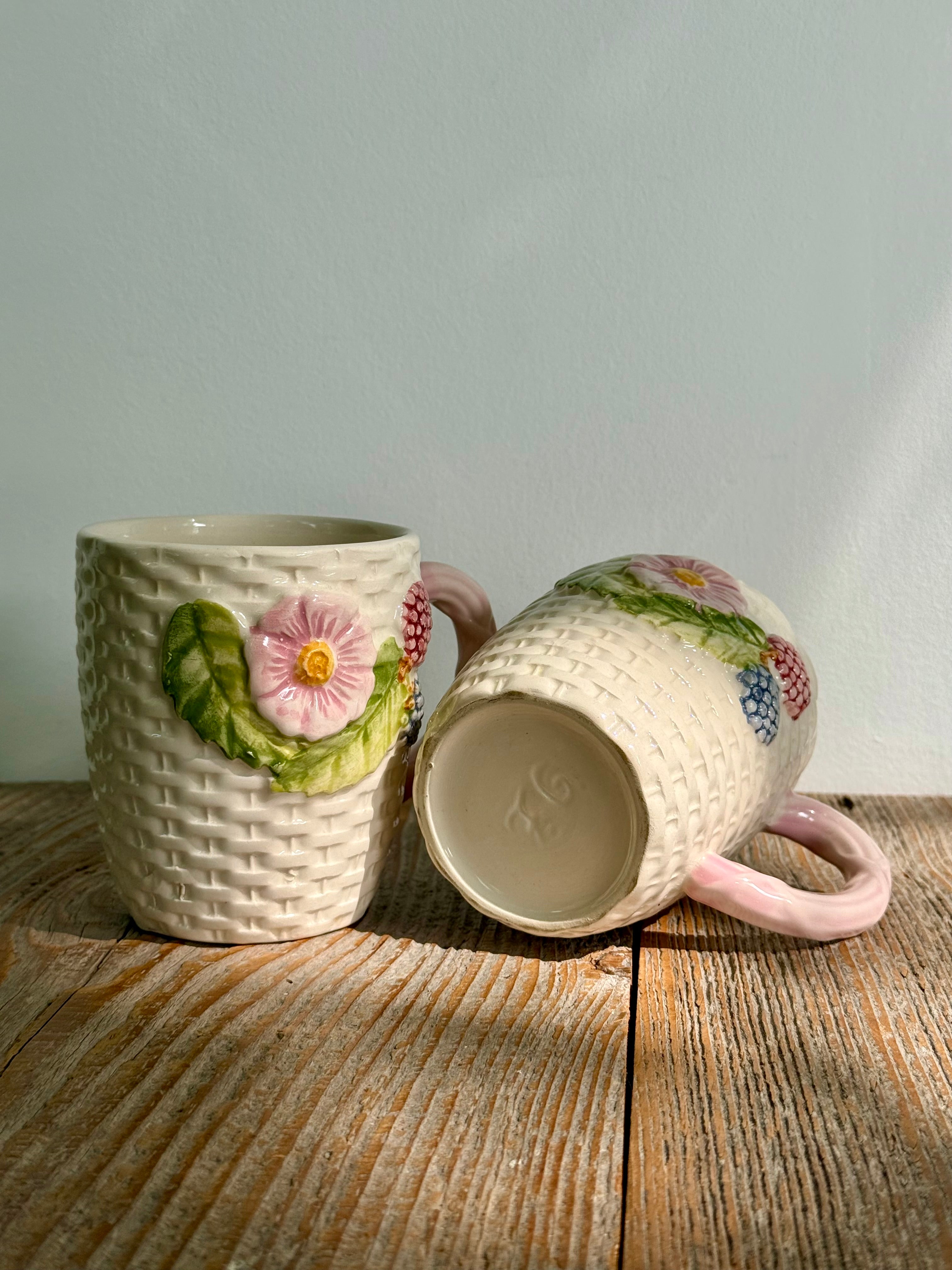Vintage Majolica Basketweave Mugs, set of 2