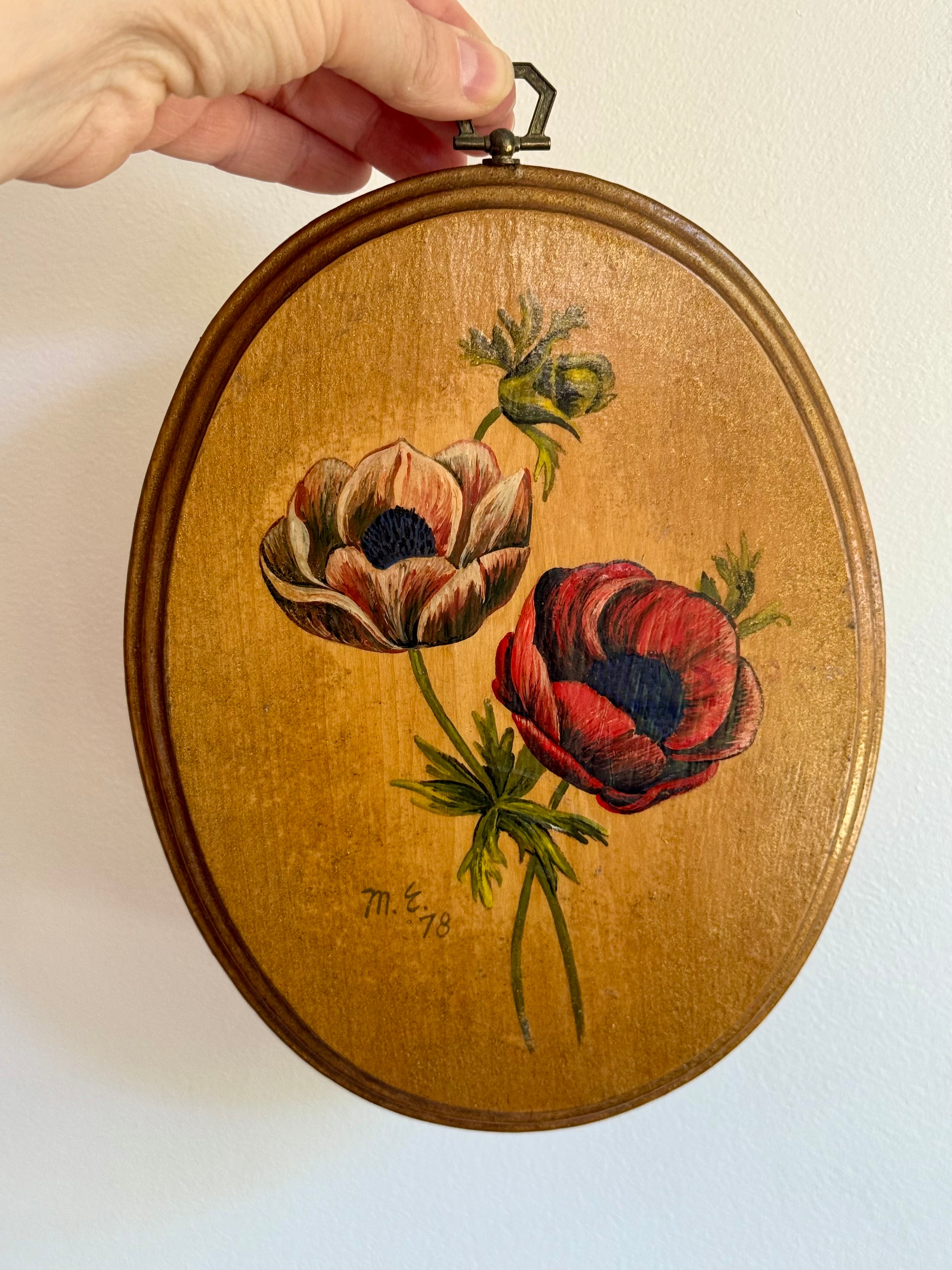 Vintage 1979 Hand-painted Anemone Wood plaque
