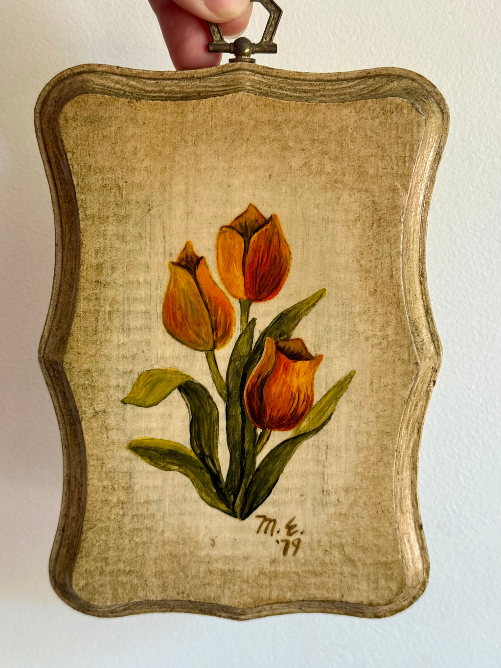 Vintage 1979 Hand-painted Tulip Wood Plaque