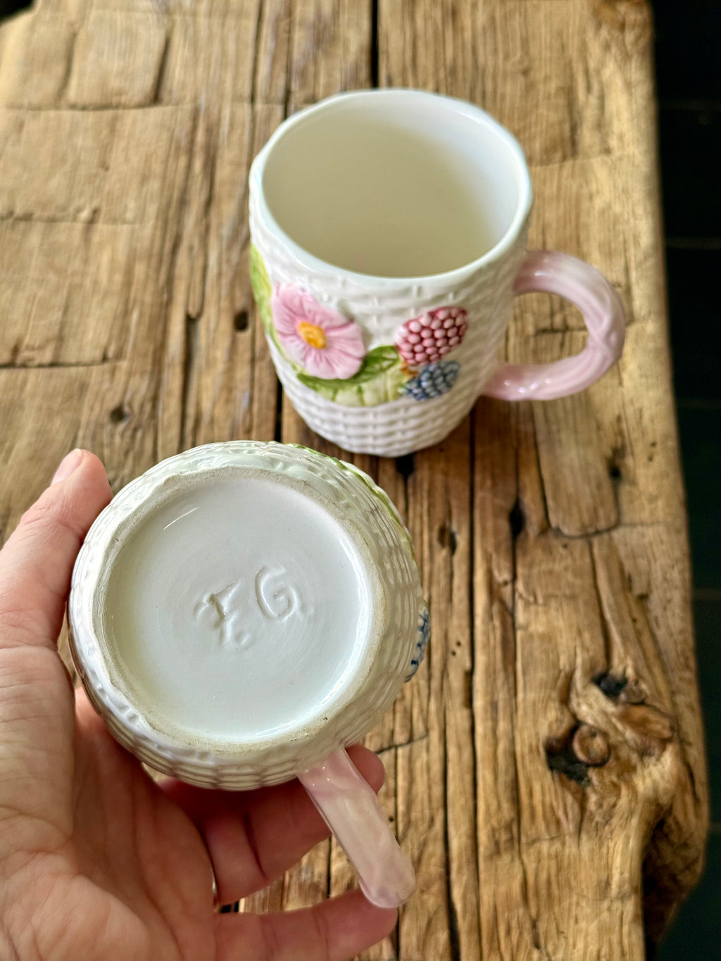 Vintage Majolica Basketweave Mugs, set of 2