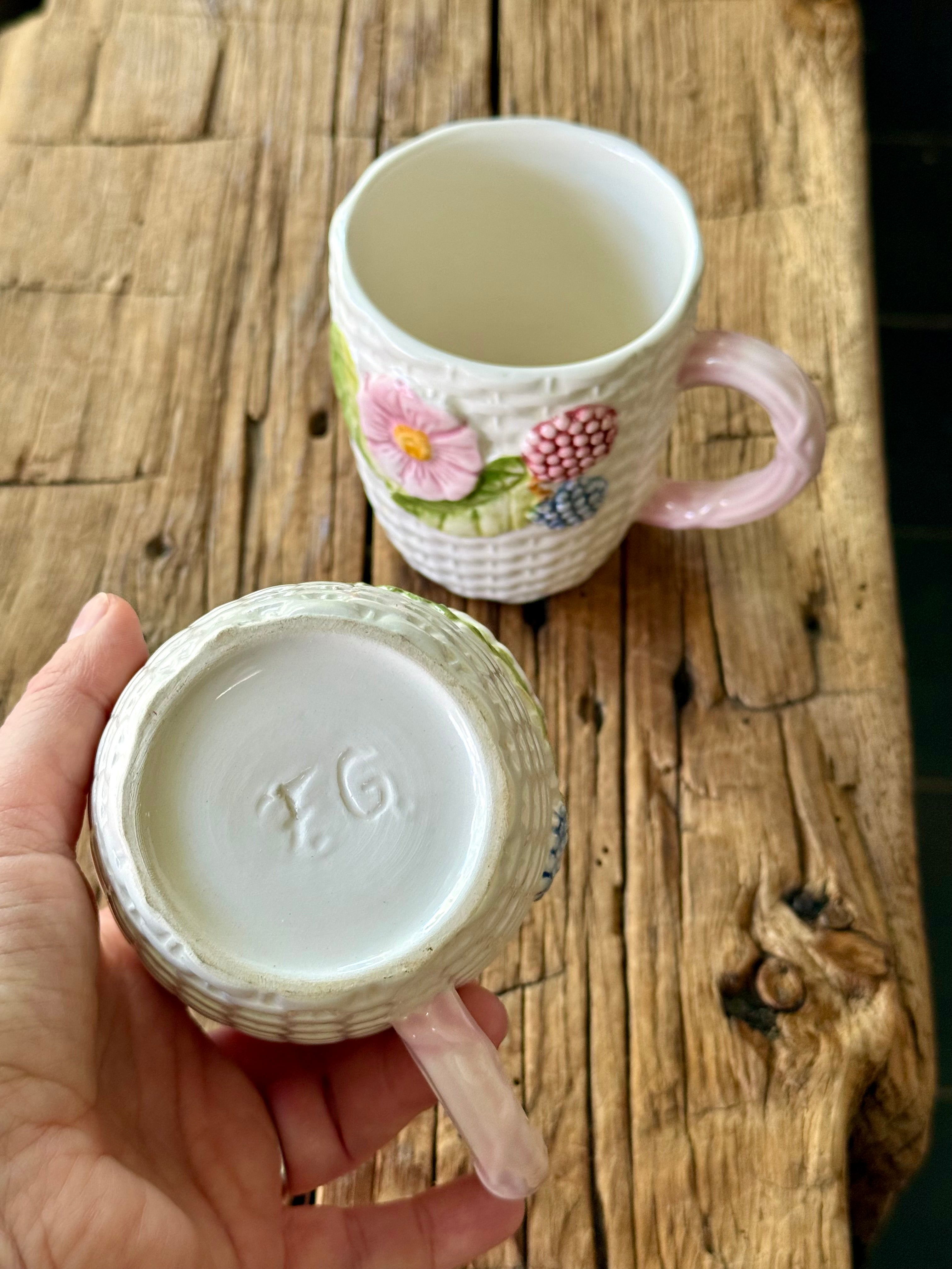Vintage Majolica Basketweave Mugs, set of 2