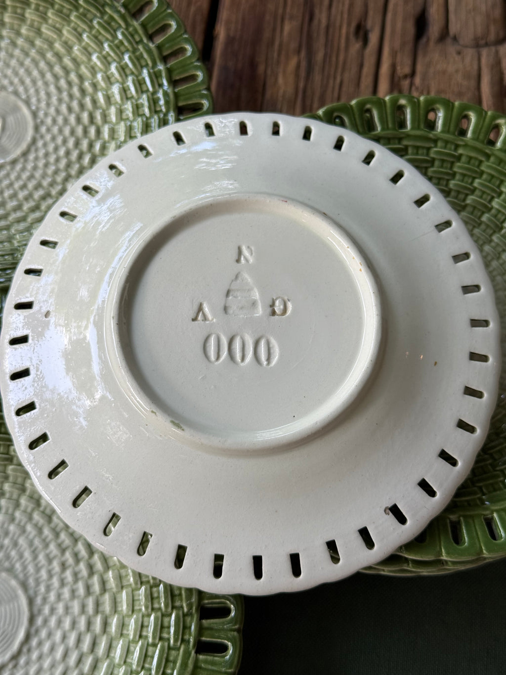 Vintage Moss Green Ceramic Basketweave Plates, set of 5