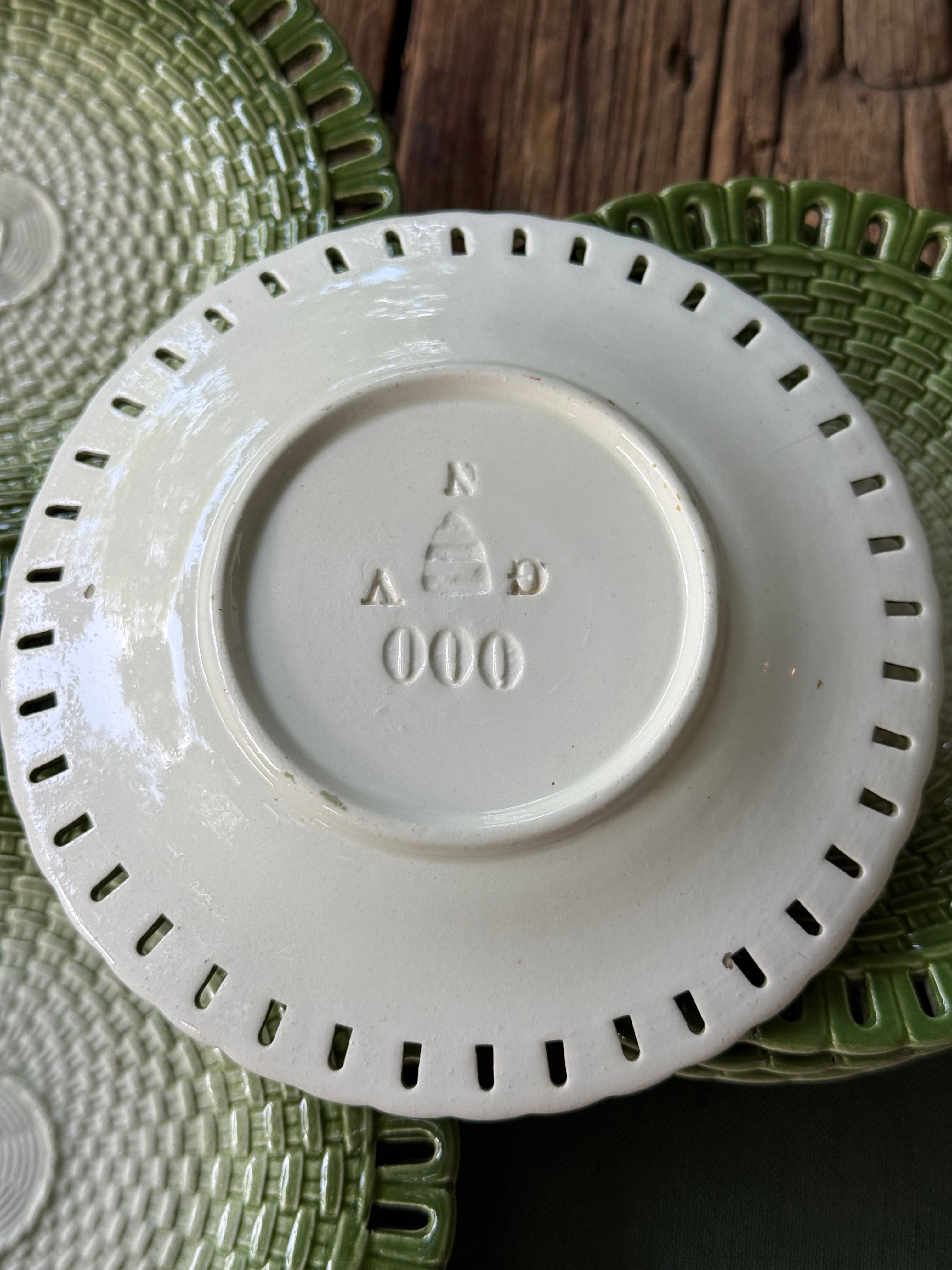 Vintage Moss Green Ceramic Basketweave Plates, set of 5