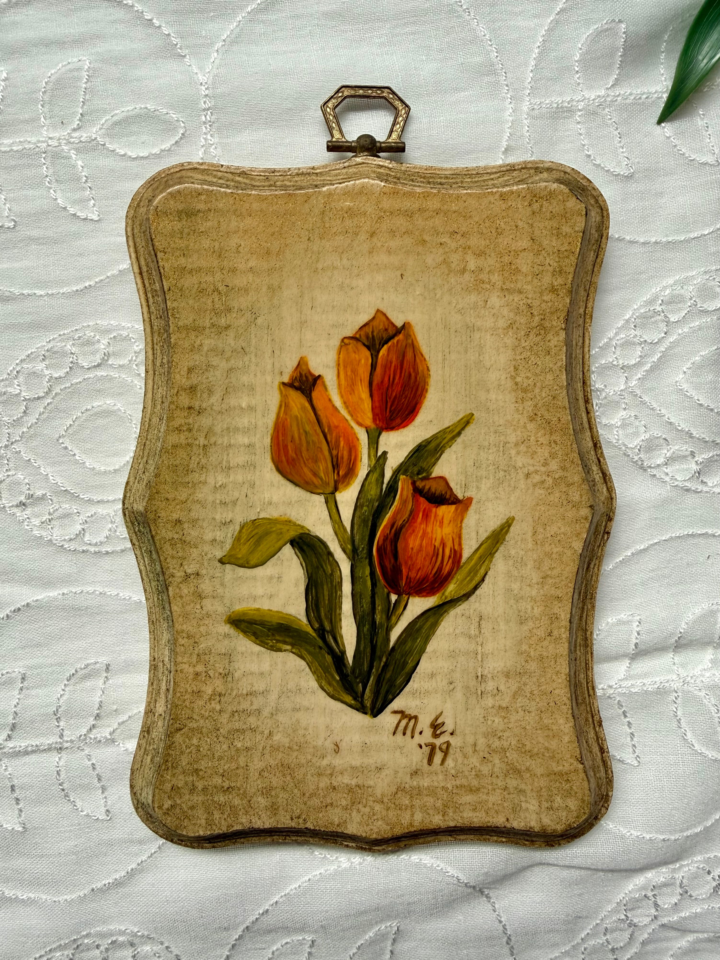 Vintage 1979 Hand-painted Tulip Wood Plaque