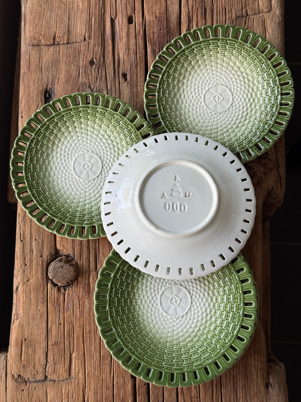 Vintage Moss Green Ceramic Basketweave Plates, set of 5