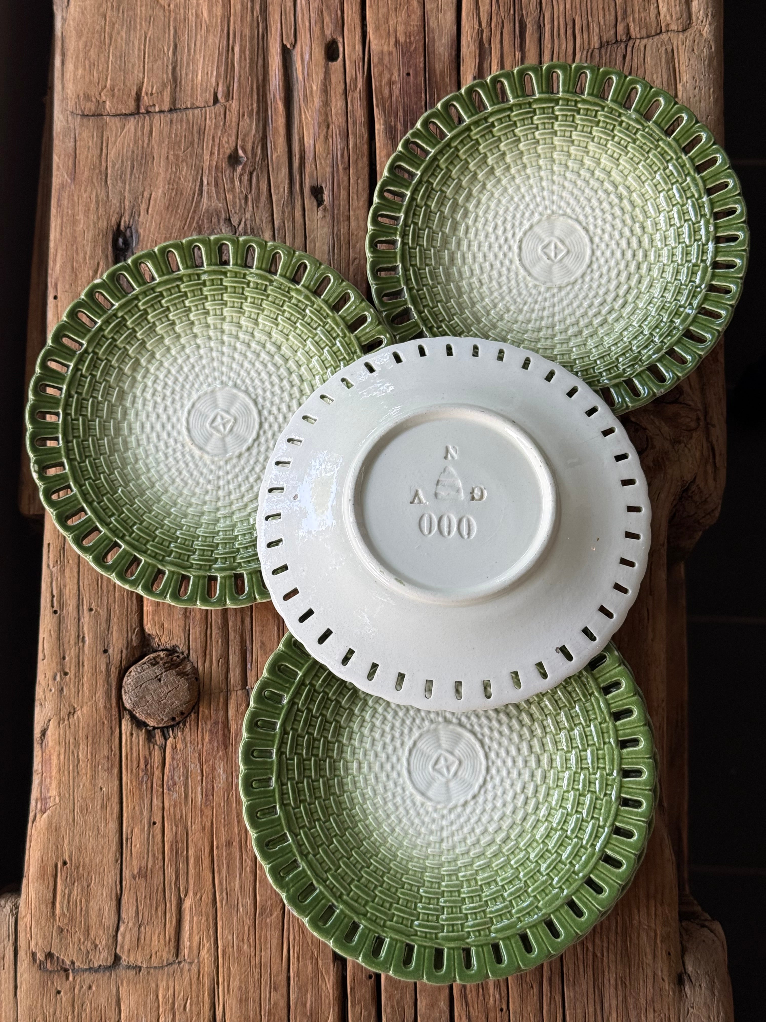 Vintage Moss Green Ceramic Basketweave Plates, set of 5