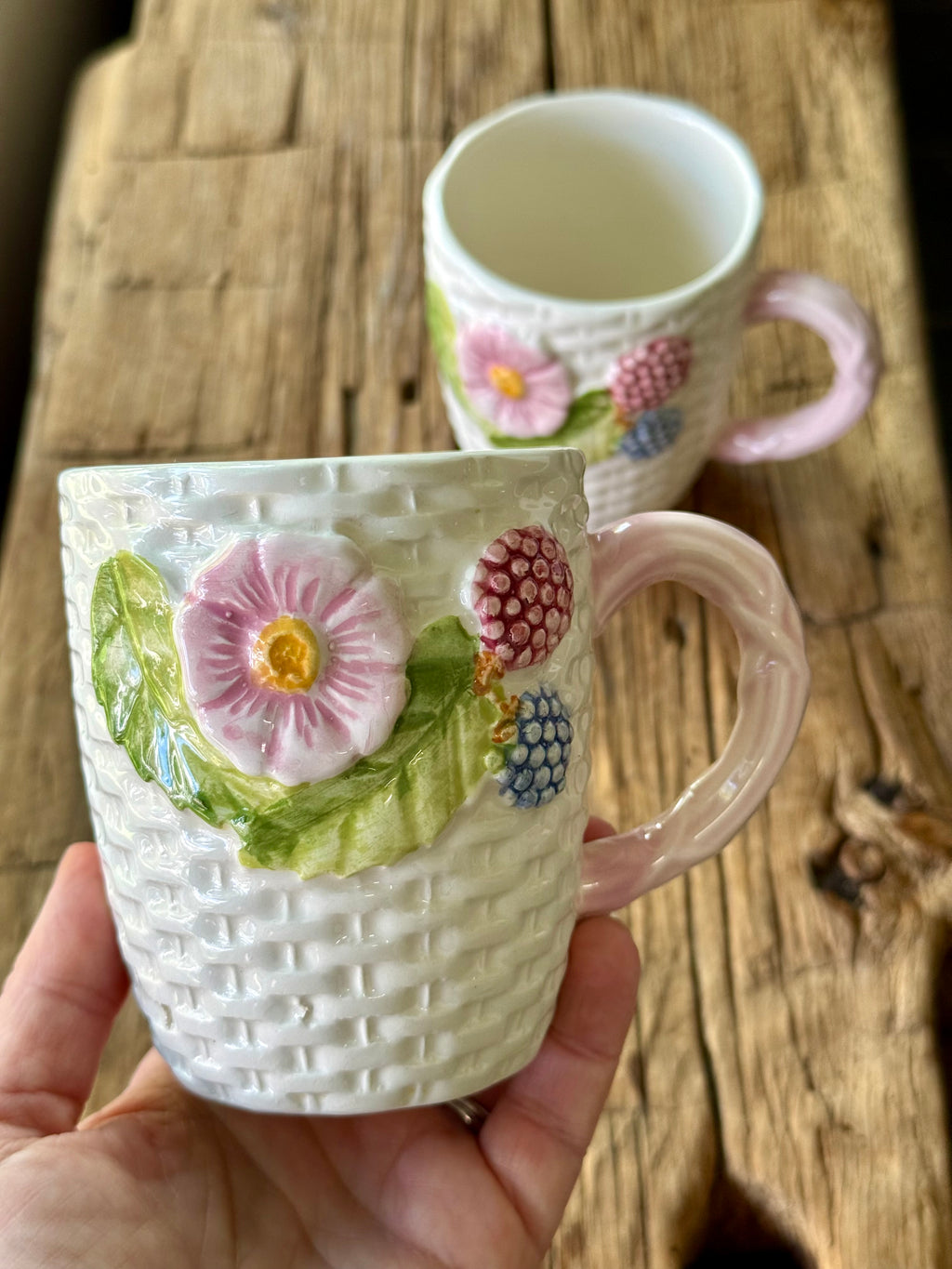Vintage Majolica Basketweave Mugs, set of 2