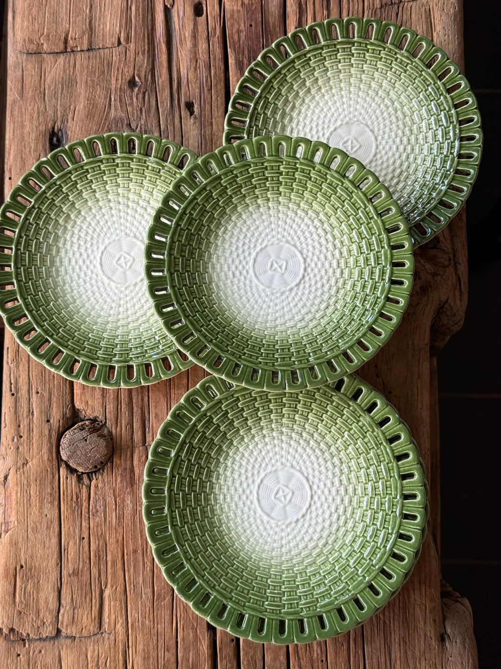 Vintage Moss Green Ceramic Basketweave Plates, set of 5