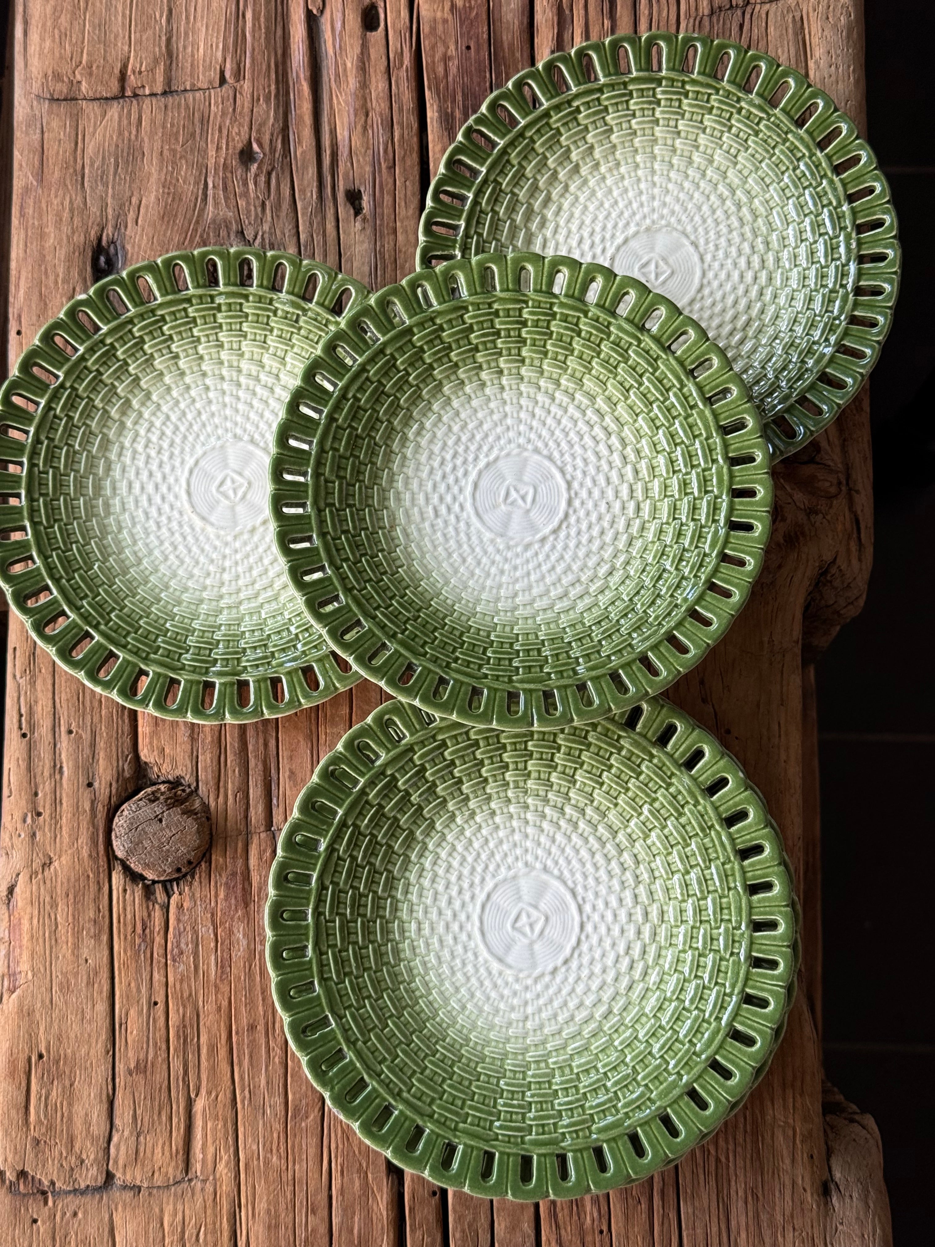 Vintage Moss Green Ceramic Basketweave Plates, set of 5