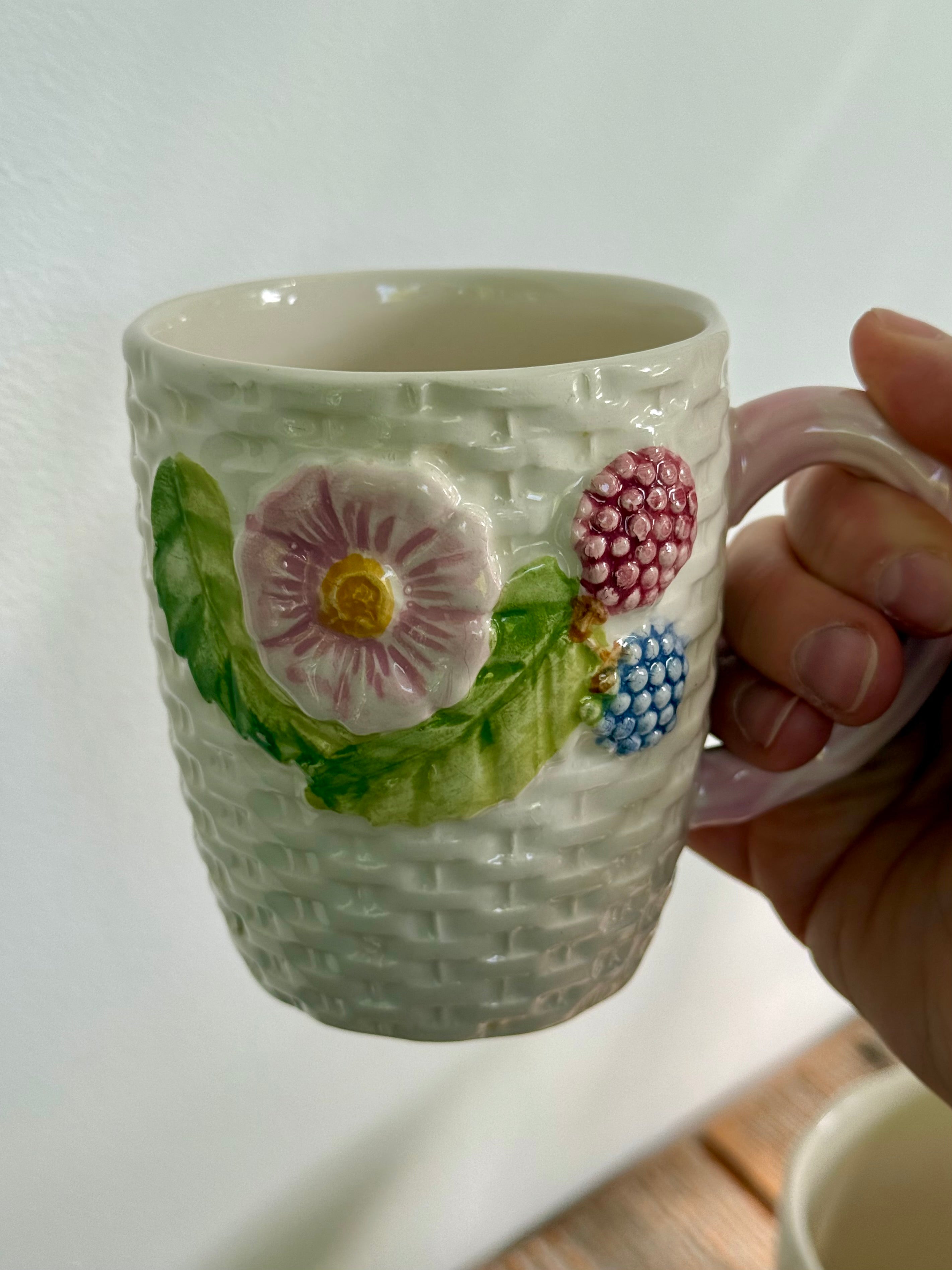 Vintage Majolica Basketweave Mugs, set of 2