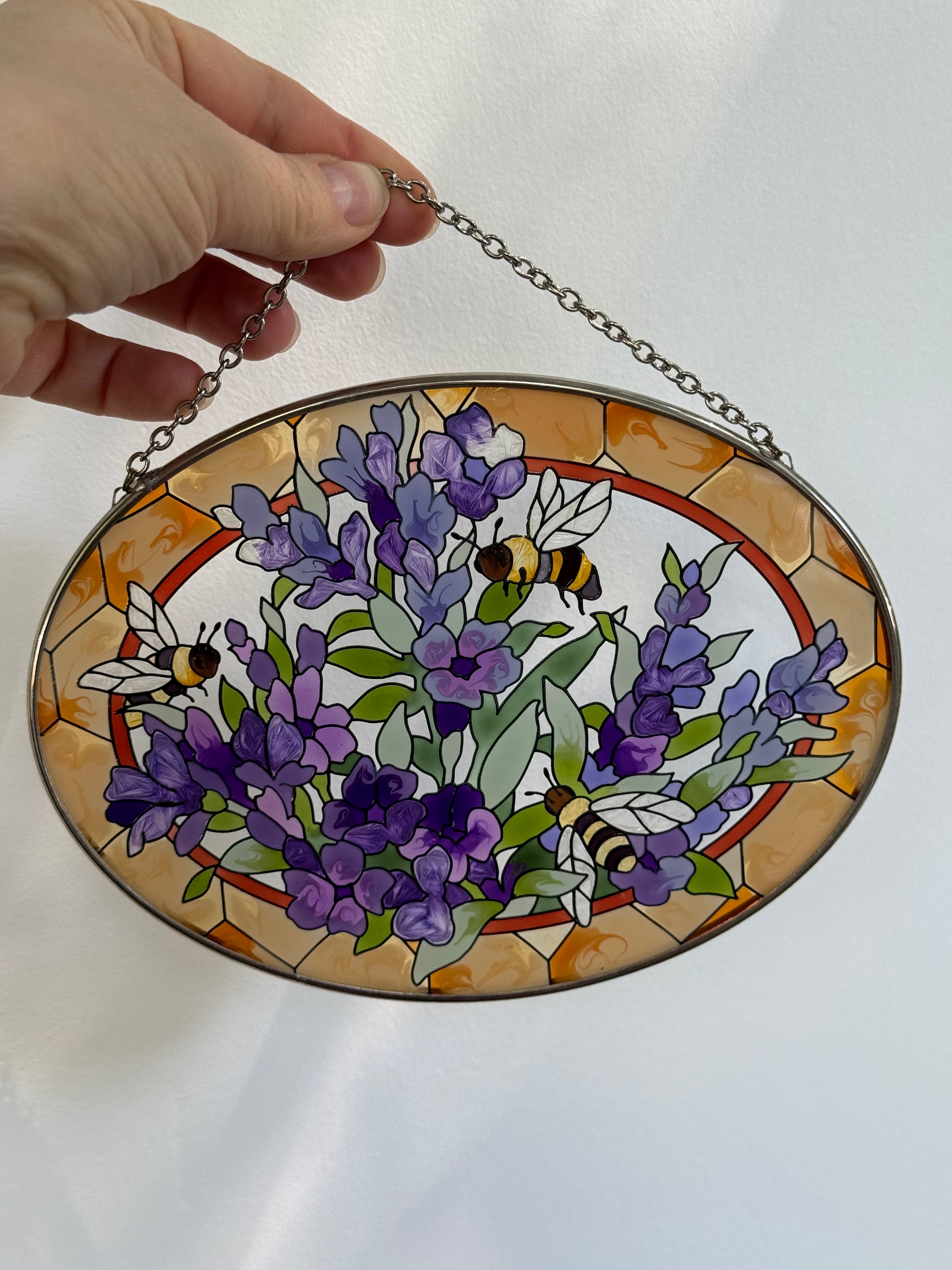 Vintage 1980s Bumblebee & Floral Oval Suncatcher