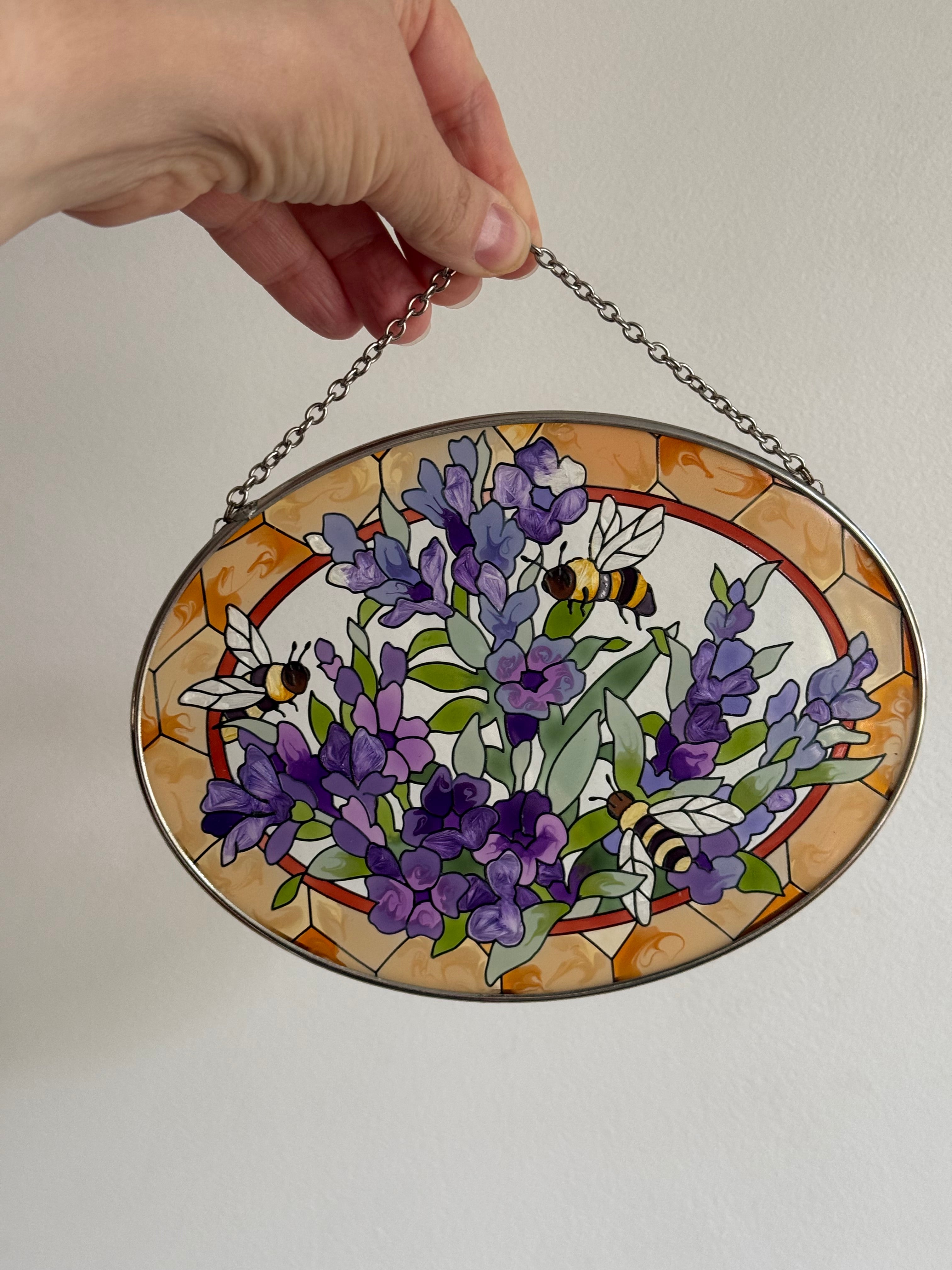 Vintage 1980s Bumblebee & Floral Oval Suncatcher