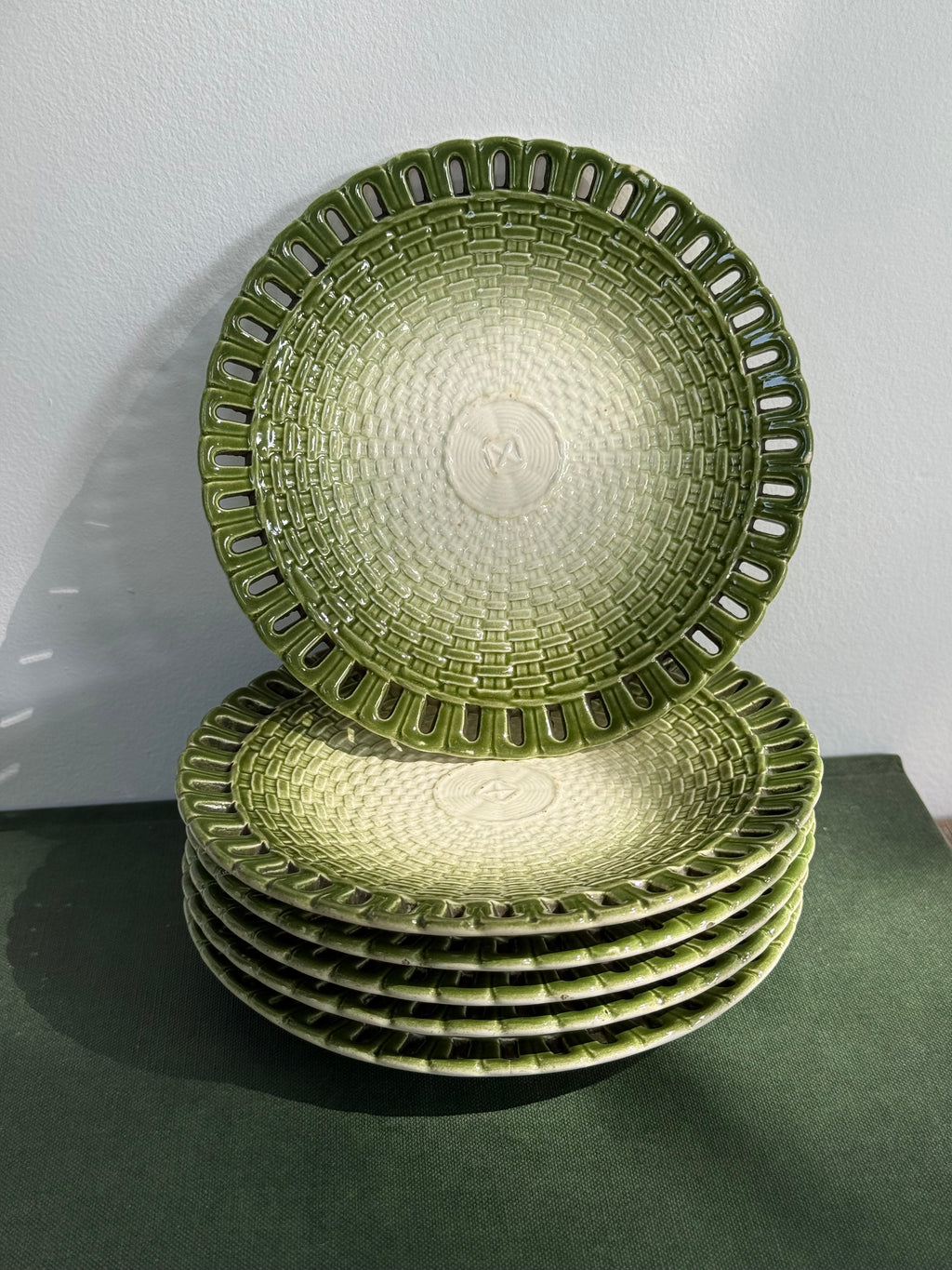Vintage Moss Green Ceramic Basketweave Plates, set of 5