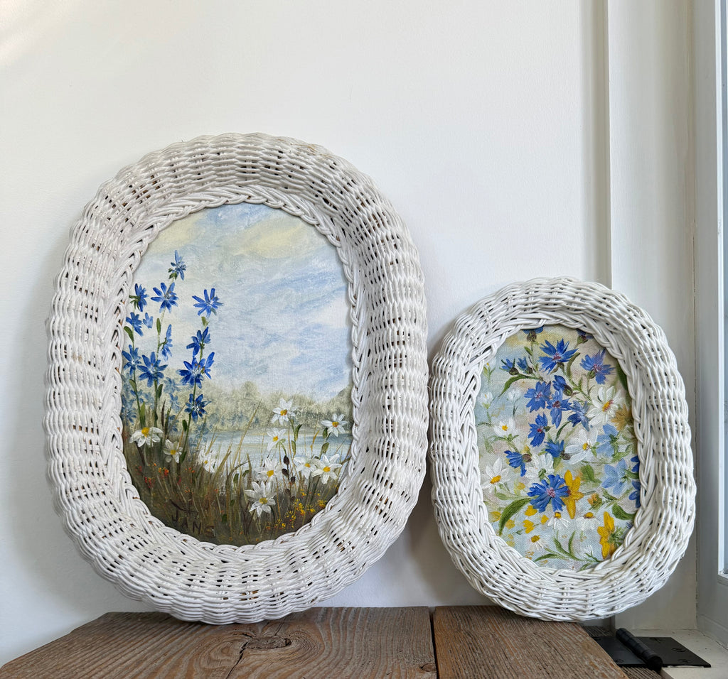 Vintage Woven Wicker Oval Paintings of Wildflower Landscapes, set of 2