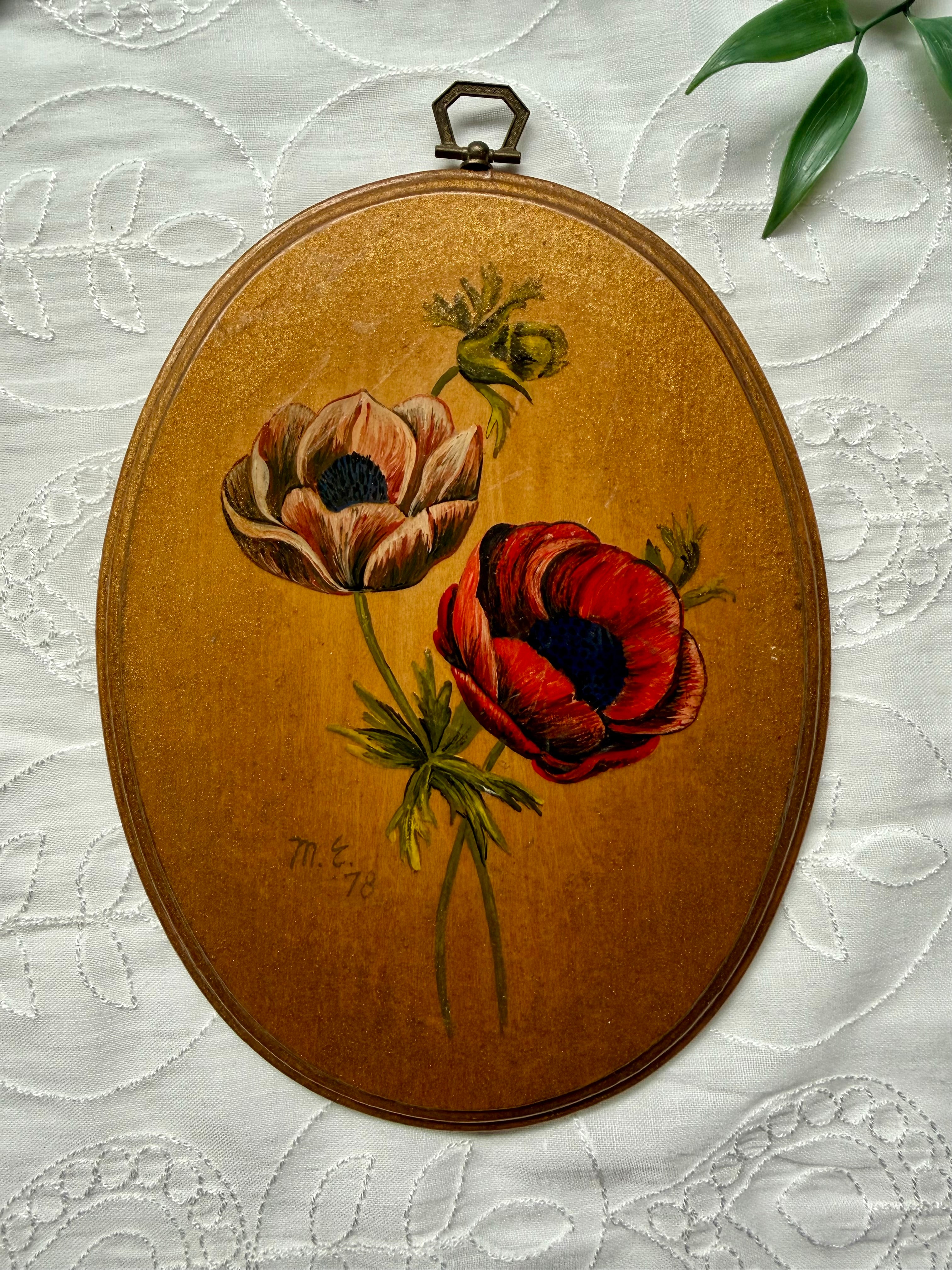 Vintage 1979 Hand-painted Anemone Wood plaque