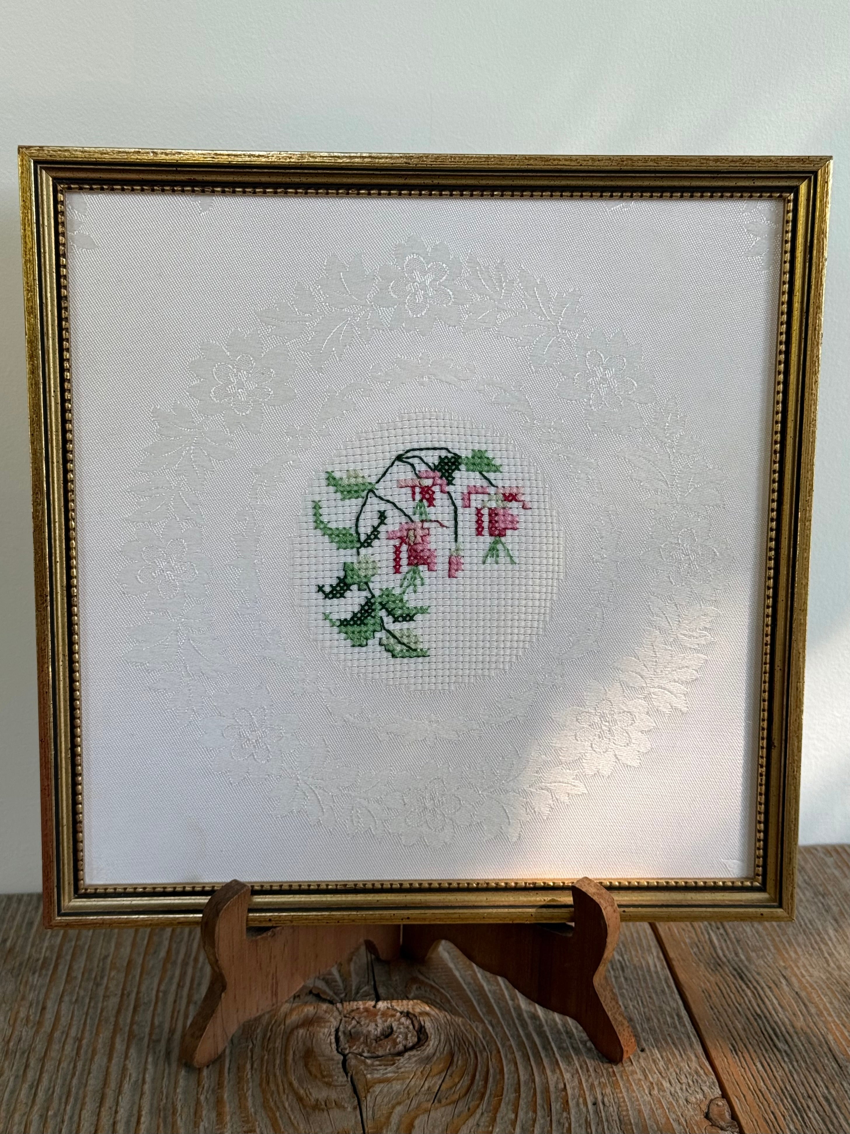 Vintage Framed Floral Cross-Stitch in Gold Beaded Frame