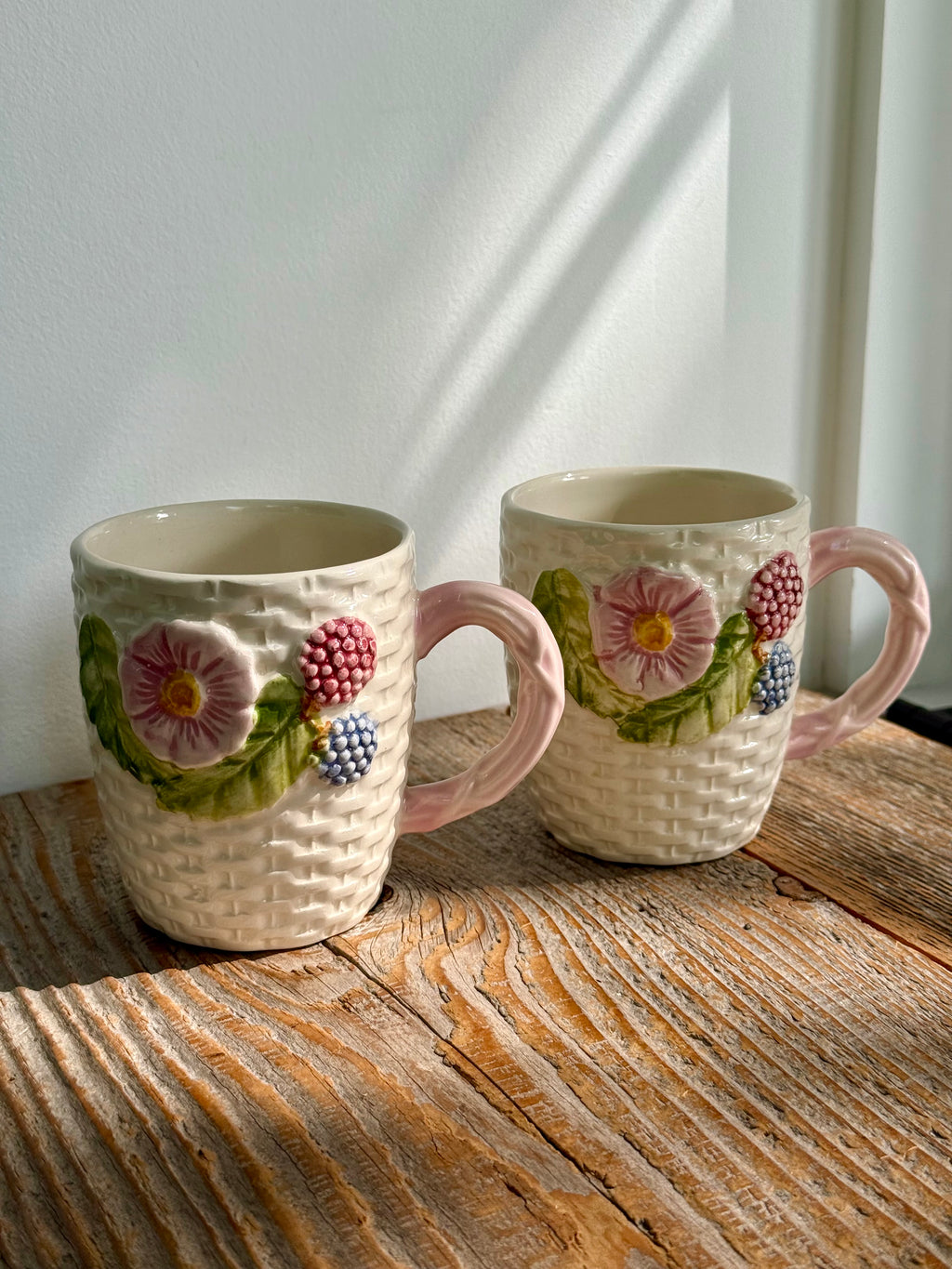 Vintage Majolica Basketweave Mugs, set of 2