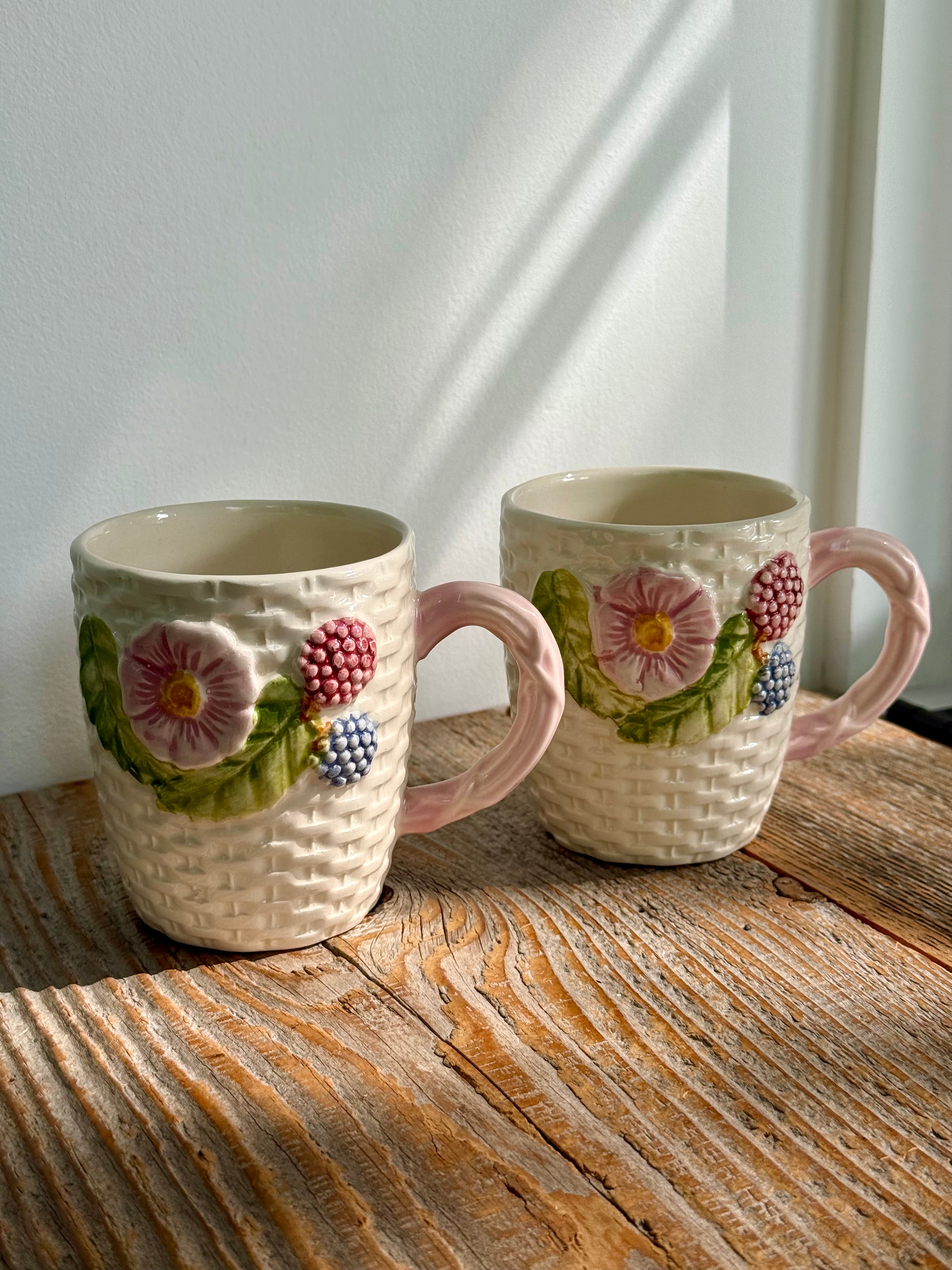 Vintage Majolica Basketweave Mugs, set of 2