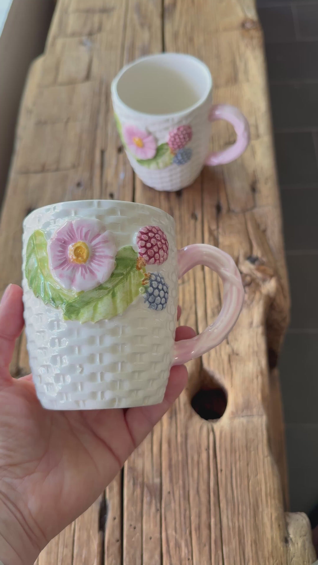 Vintage Majolica Basketweave Mugs, set of 2